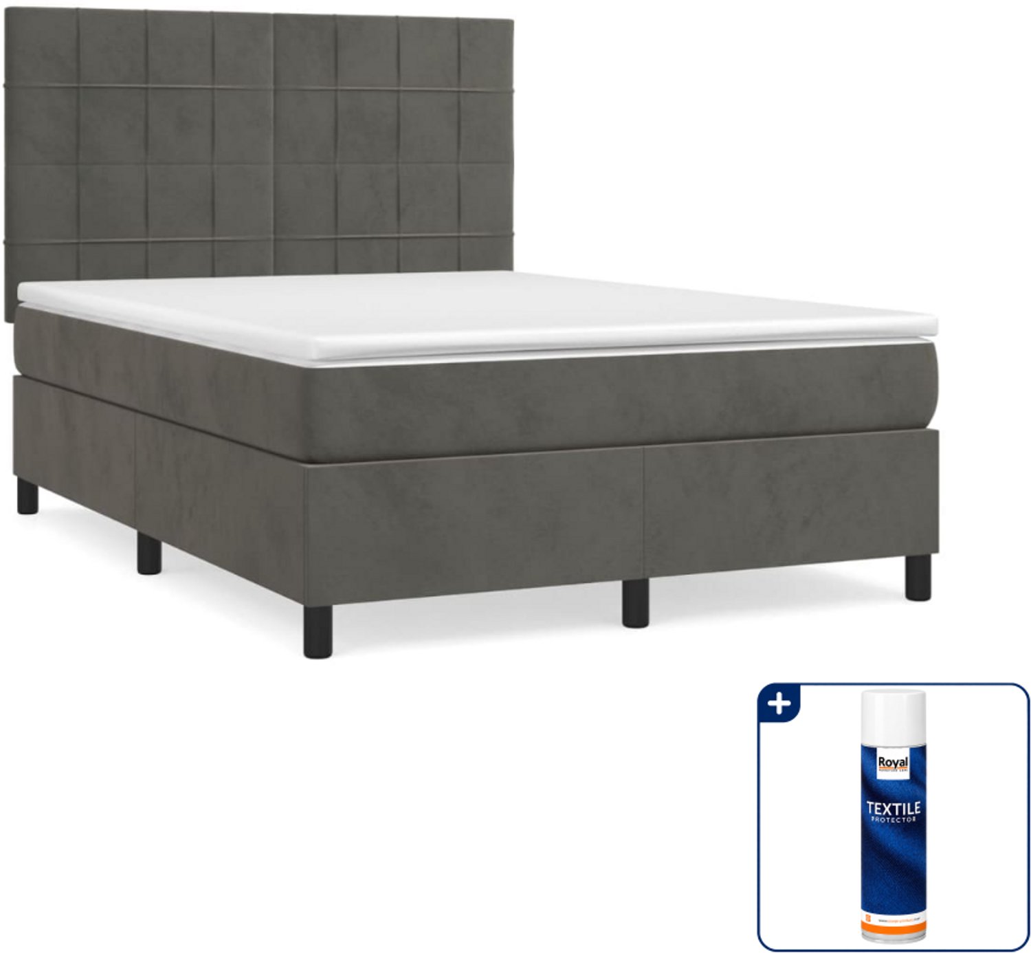 vidaXL boxspring Small double - 140 x 200 cm - fluweel - donkergrijs - Inclusief textielbeschermer 500 ml