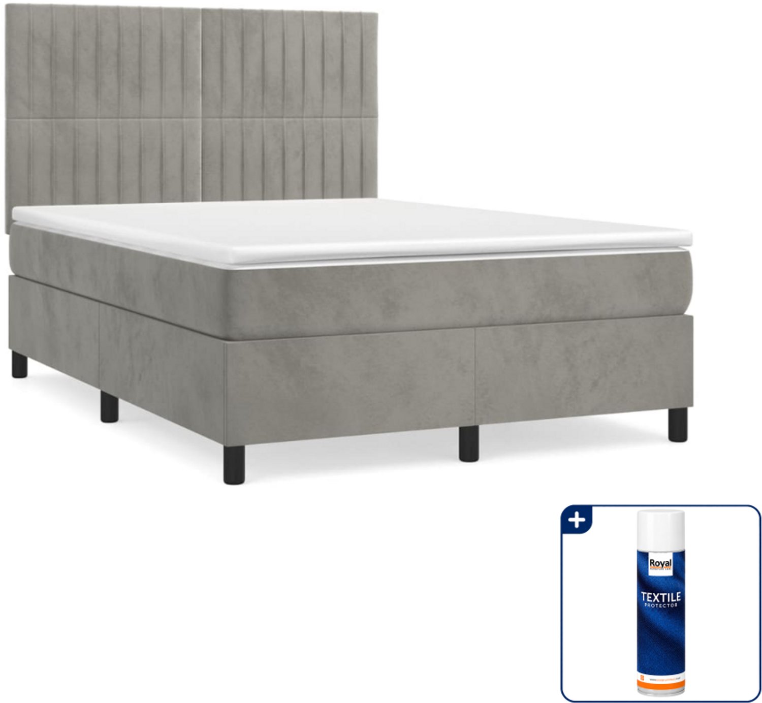vidaXL boxspring met matras 140 x 190 cm - fluweel - lichtgrijs - Inclusief textielbeschermer 500 ml