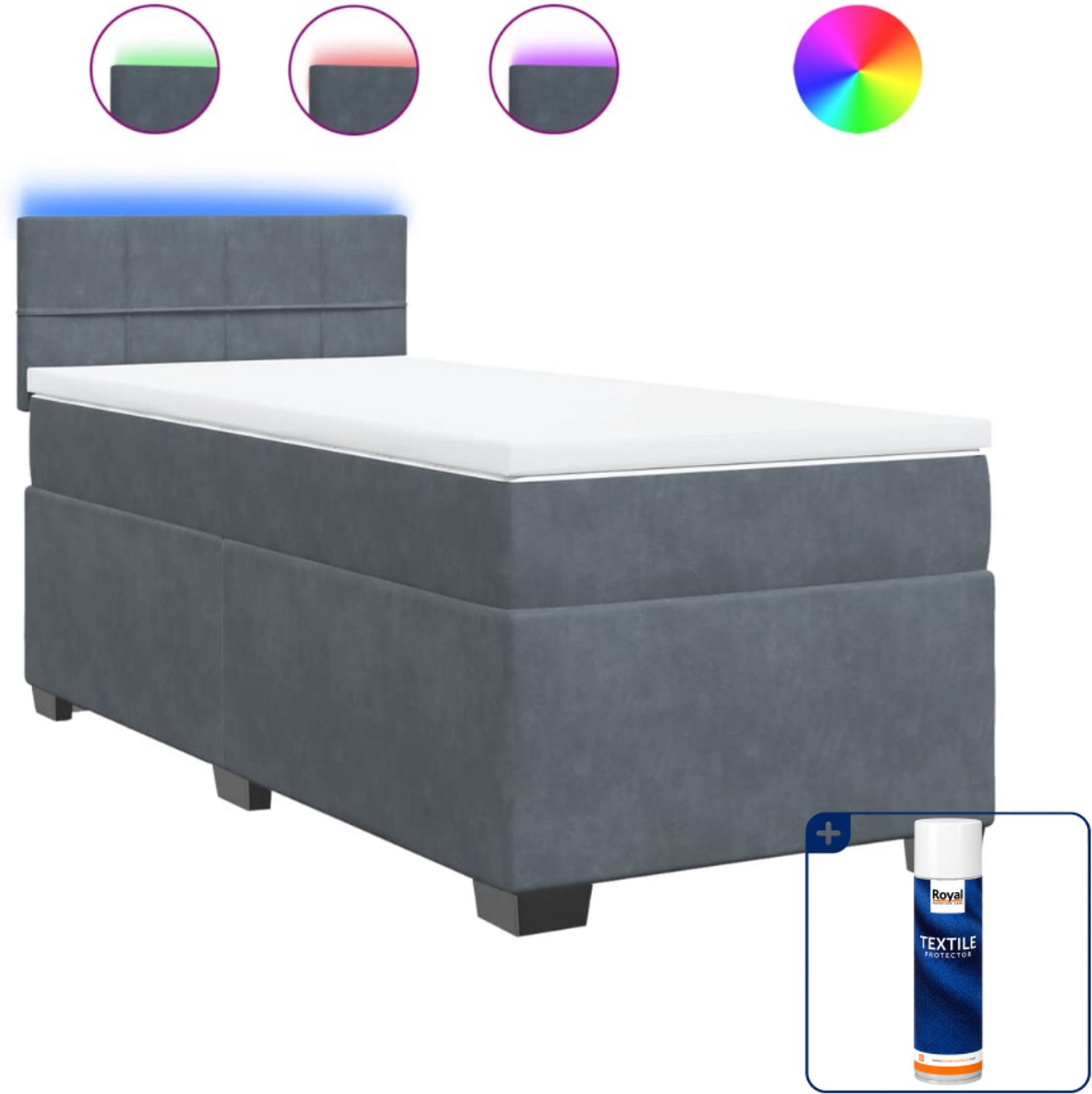 vidaXL boxspring met matras en led - 190 x 90 cm - fluweel - donkergrijs - Inclusief textielbeschermer 500 ml