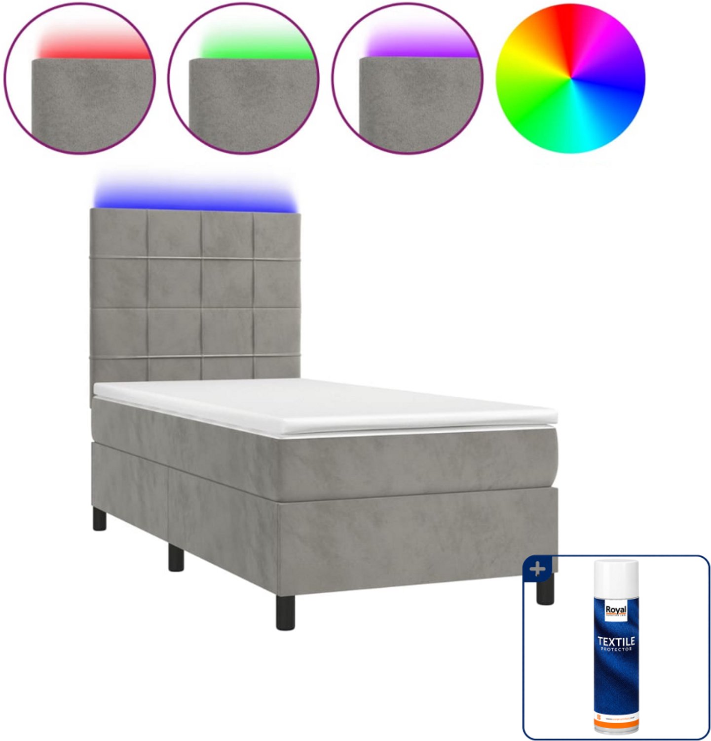 vidaXL boxspring met matras en LED - 80 x 200 cm - fluweel - lichtgrijs - Inclusief textielbeschermer 500 ml