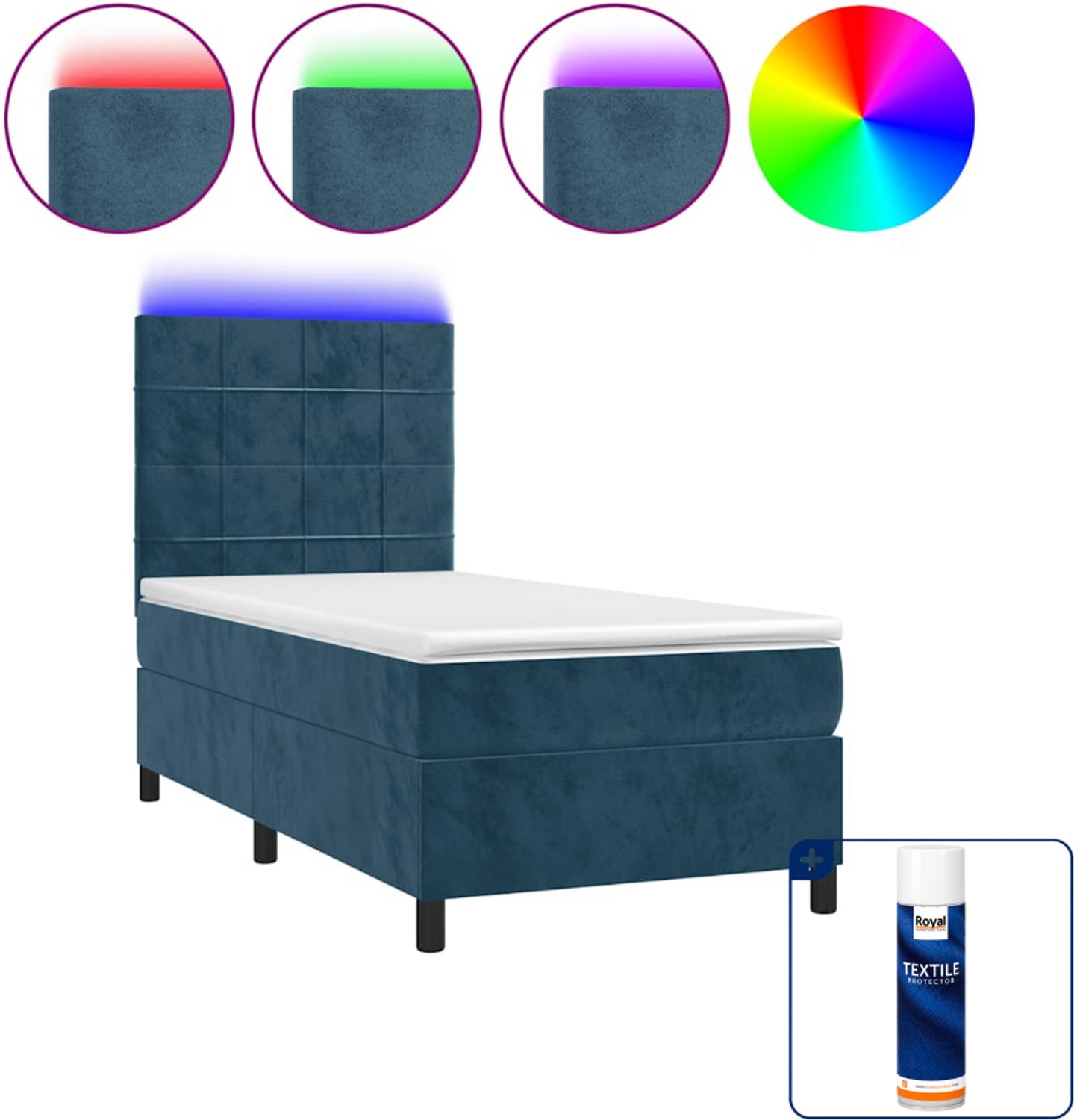 vidaXL boxspring met matras en led - 100 x 200 cm - fluweel - donkerblauw - Inclusief textielbeschermer 500 ml