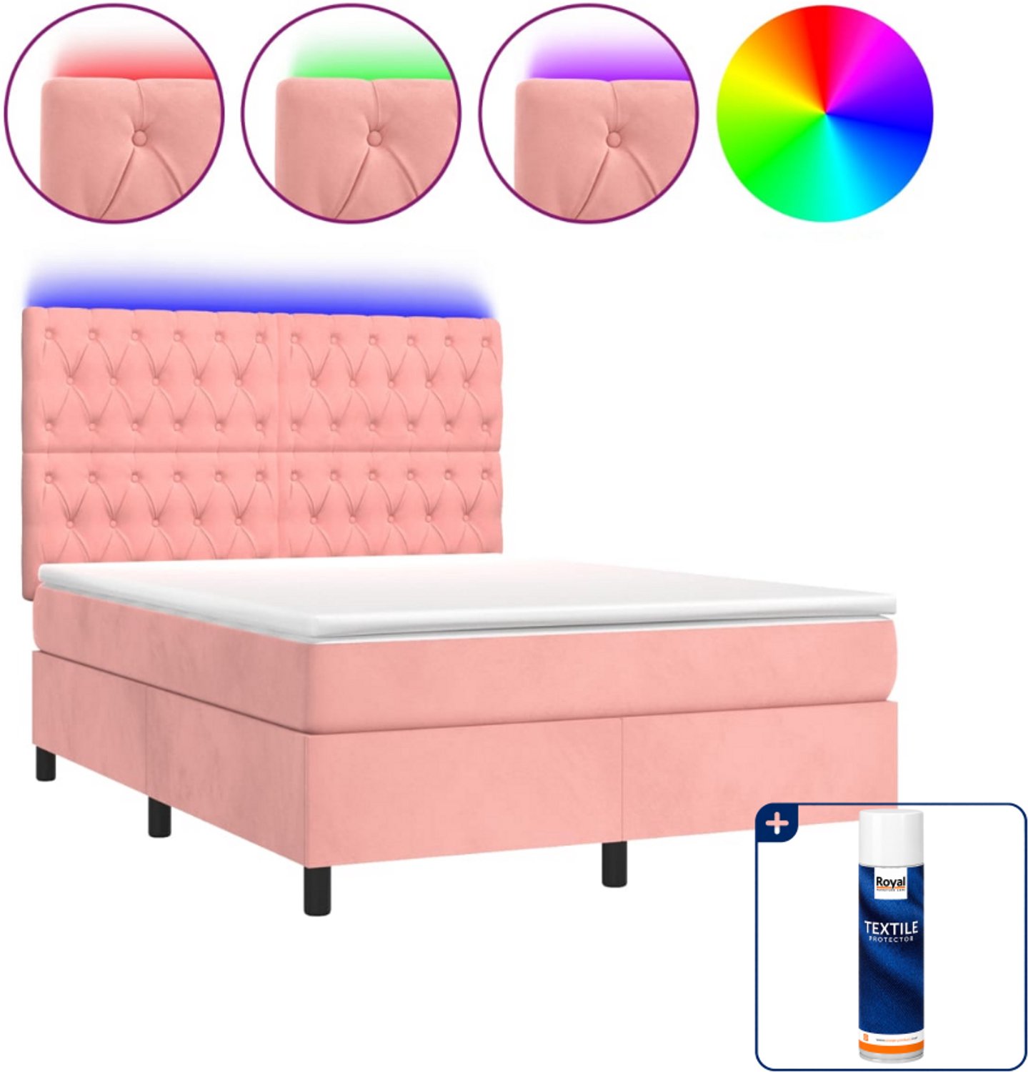 vidaXL boxspring met matras en LED - 140 x 190 cm - fluweel - roze - Inclusief textielbeschermer 500 ml