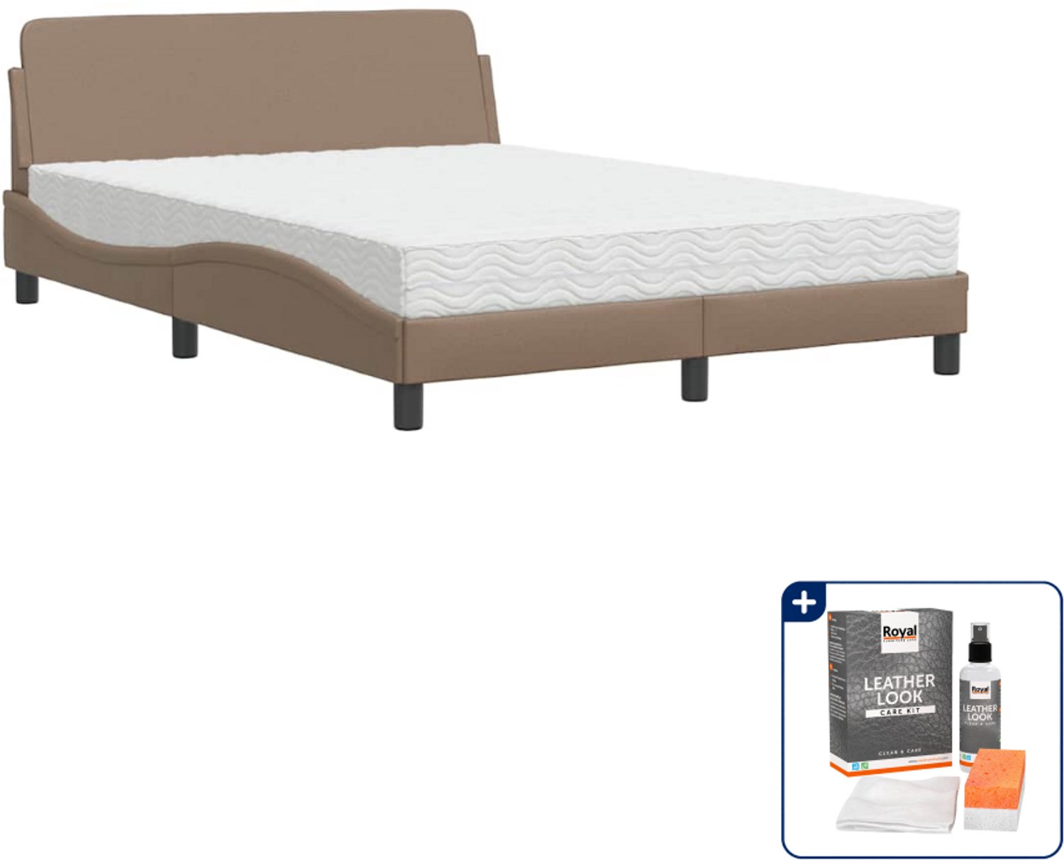vidaXL Dover bed met matras - 140 x 190 cm - kunstleer - cappuccino - Inclusief onderhoudsset voor kunstleer 150 ml Bruin