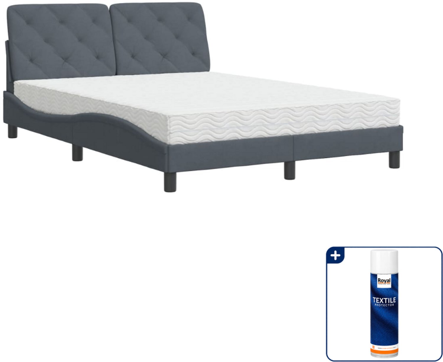 vidaXL Piran bed met matras - 140 x 190 cm - fluweel - donkergrijs - Inclusief textielbeschermer 500 ml