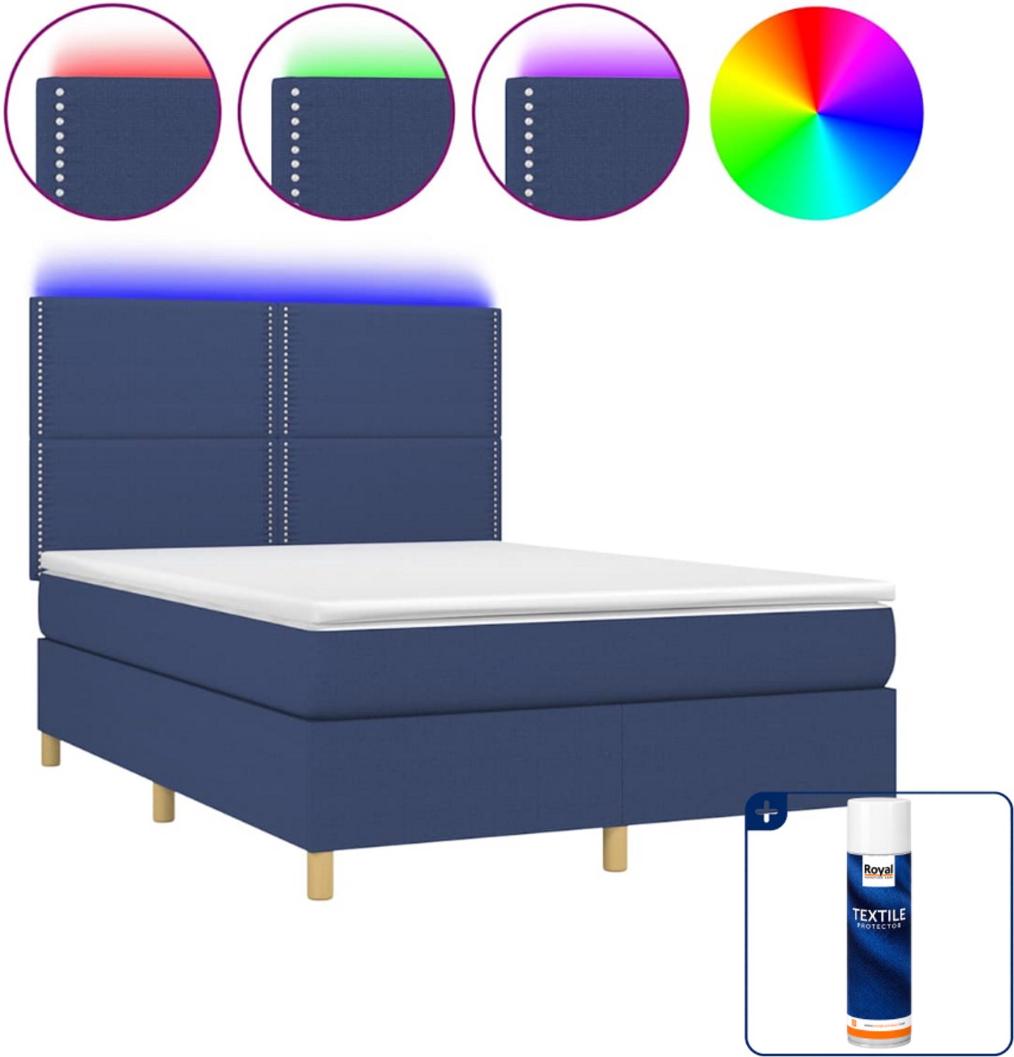 vidaXL boxspring met matras en led - 140 x 190 cm - blauw - Inclusief textielbeschermer 500 ml