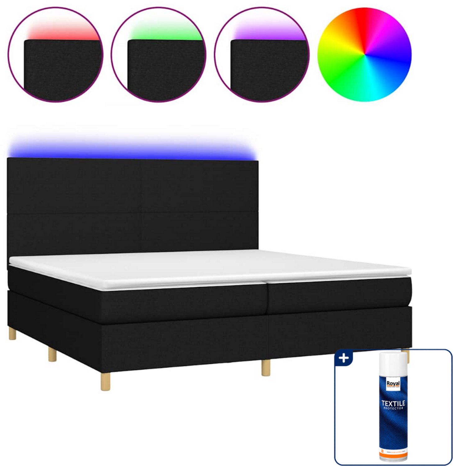 vidaXL Boxspring - Super kingsize - 200 x 200 cm - LED - zwart - Inclusief textielbeschermer 500 ml