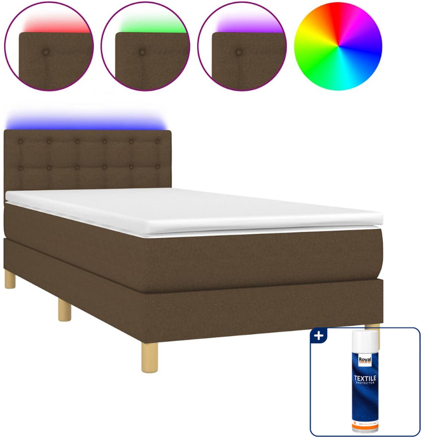 vidaXL boxspring met matras en led - 80 x 200 cm - donkerbruin - Inclusief textielbeschermer 500 ml