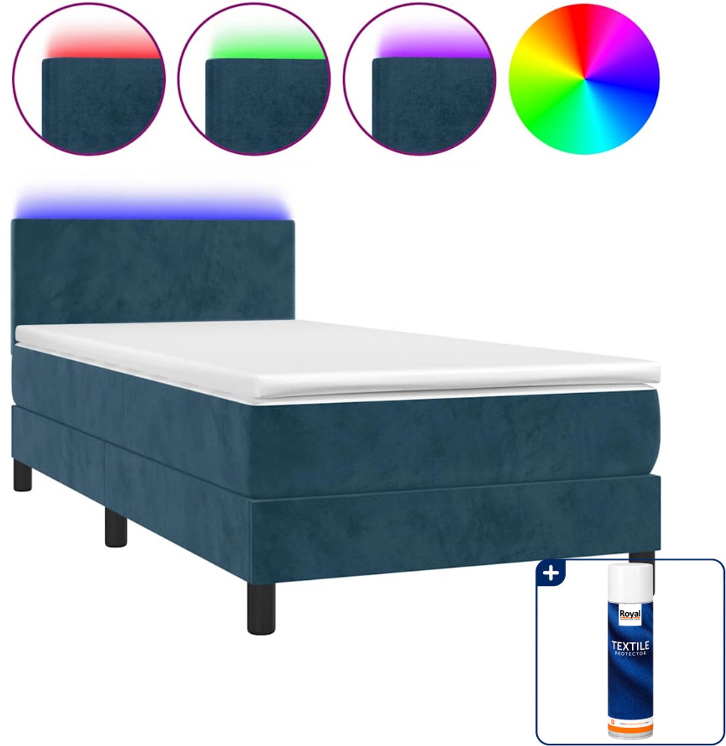 vidaXL boxspring met matras en led - 80 x 200 cm - fluweel - donkerblauw - Inclusief textielbeschermer 500 ml
