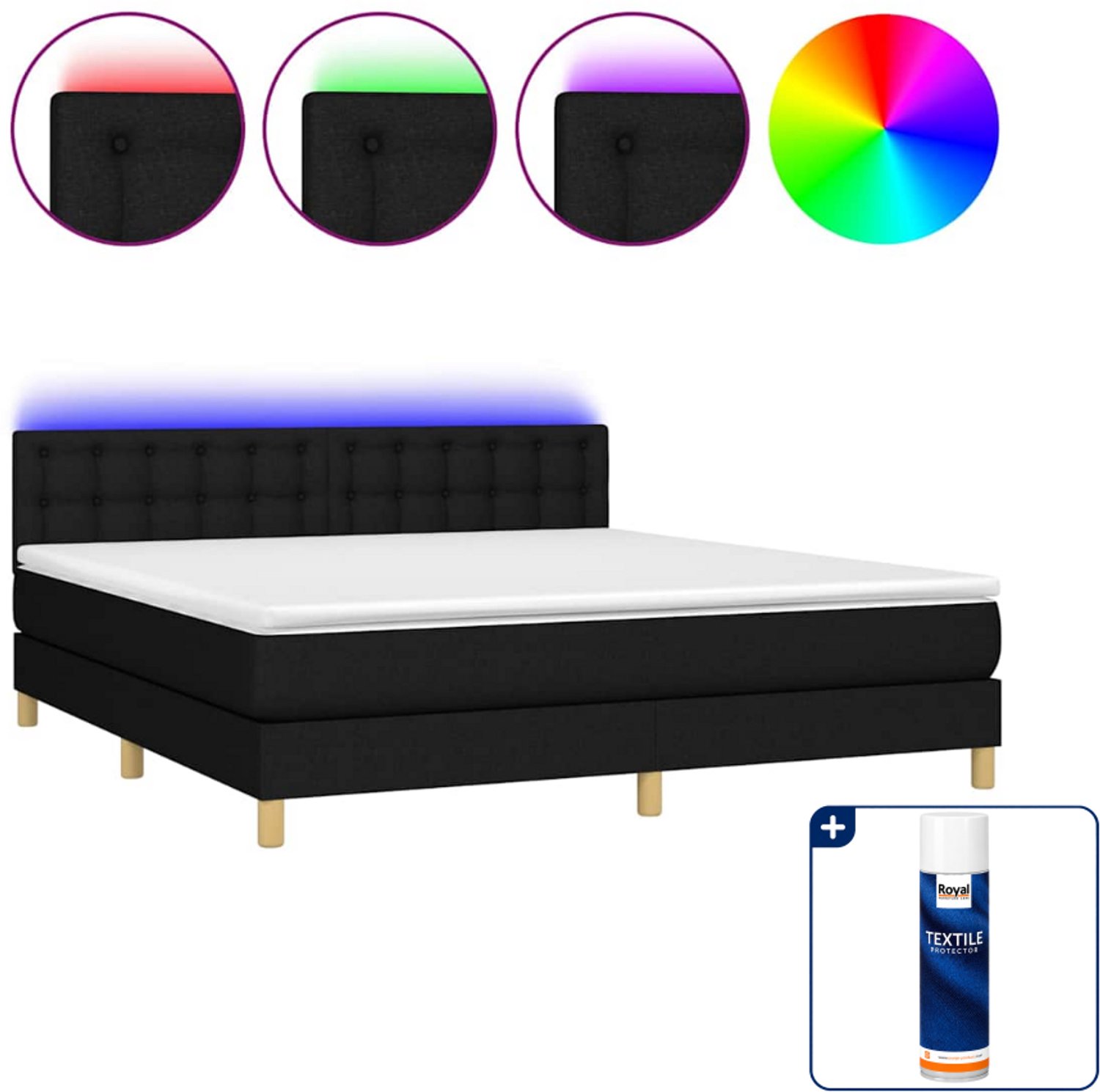 vidaXL Queensize boxspring met matras en LED - 160 x 200 cm - zwart - Inclusief textielbeschermer 500 ml