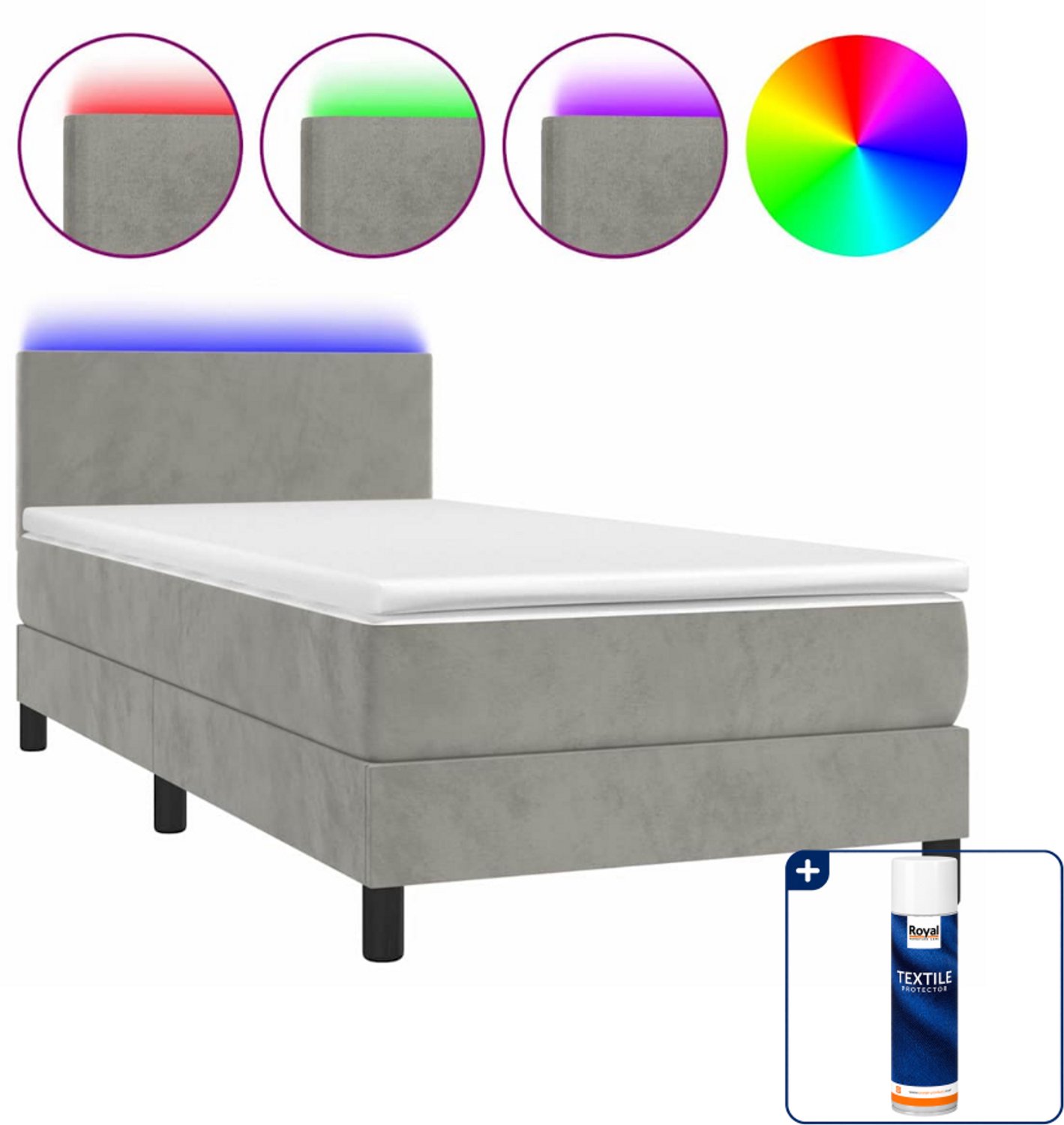 vidaXL boxspring met matras en LED - 90 x 200 cm - fluweel - lichtgrijs - Inclusief textielbeschermer 500 ml