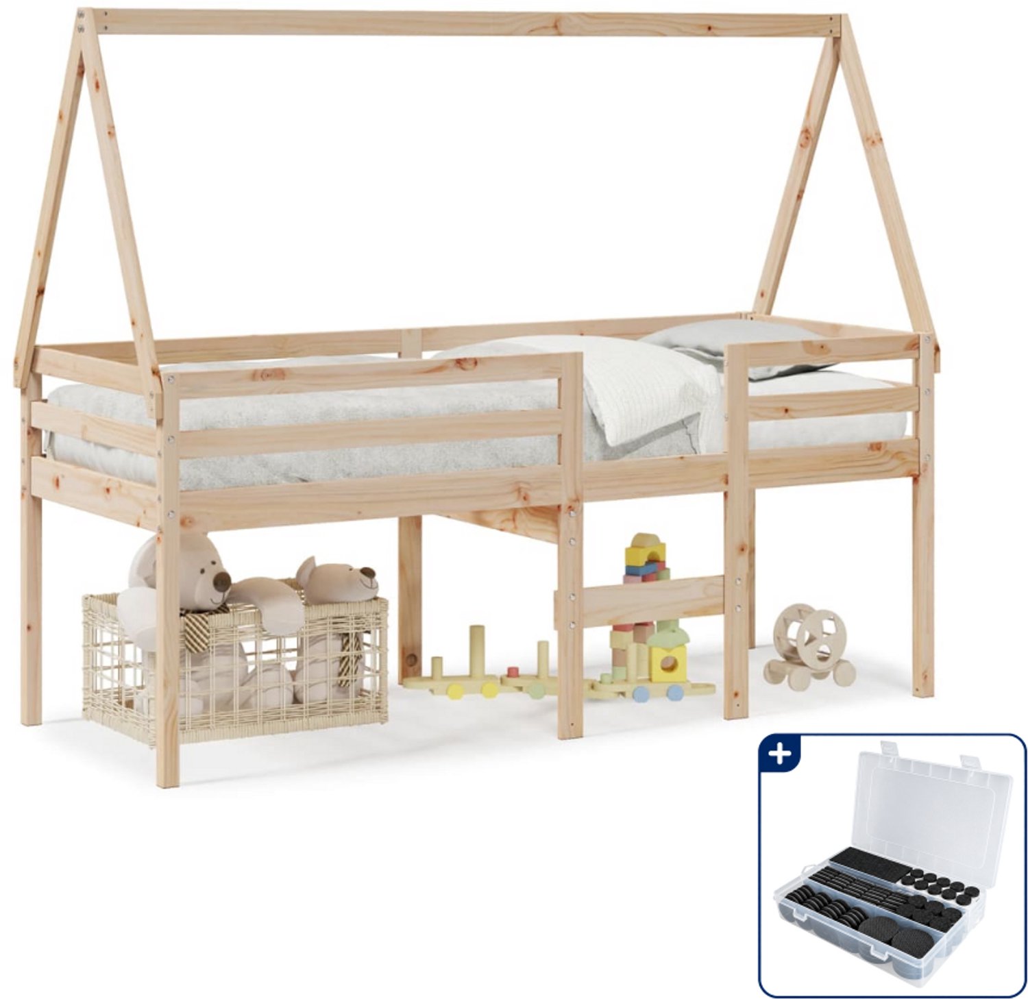 vidaXL hoogslaper met dak - 75 x 190 cm - massief grenenhout - bruin - Inclusief antikrasvilt 177-delig