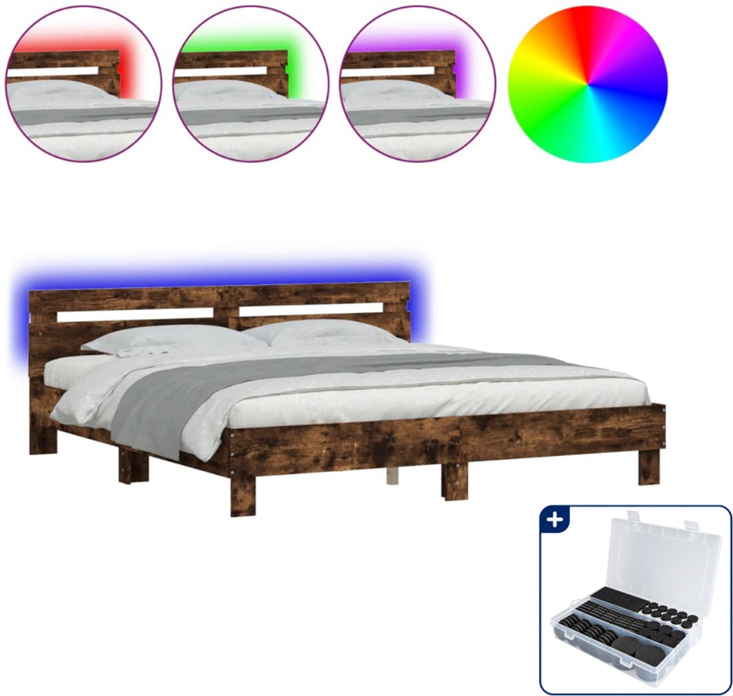 vidaXL bedframe met led - 200 x 200 cm - gerookt eiken - Inclusief antikrasvilt 177-delig Bruin