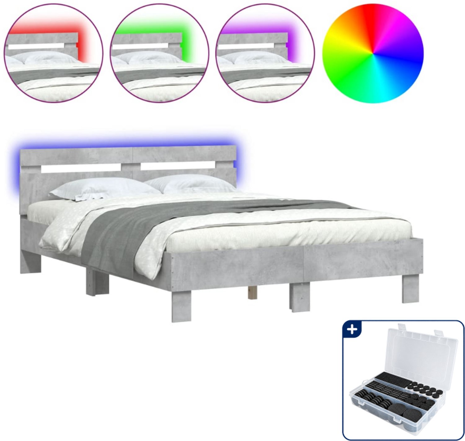 vidaXL bedframe met LED - 120 x 190 cm - bewerkt hout - betongrijs - Inclusief antikrasvilt 177-delig Bruin