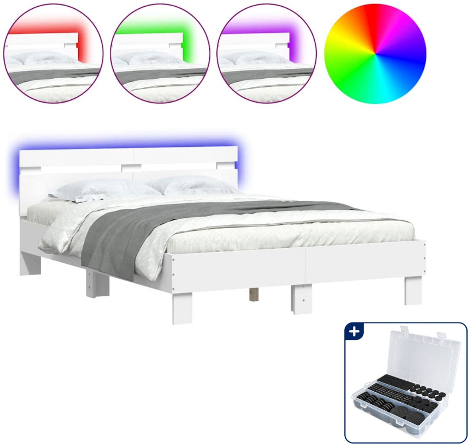 vidaXL bedframe met led 135 x 190 cm - bewerkt hout - wit - Inclusief antikrasvilt 177-delig