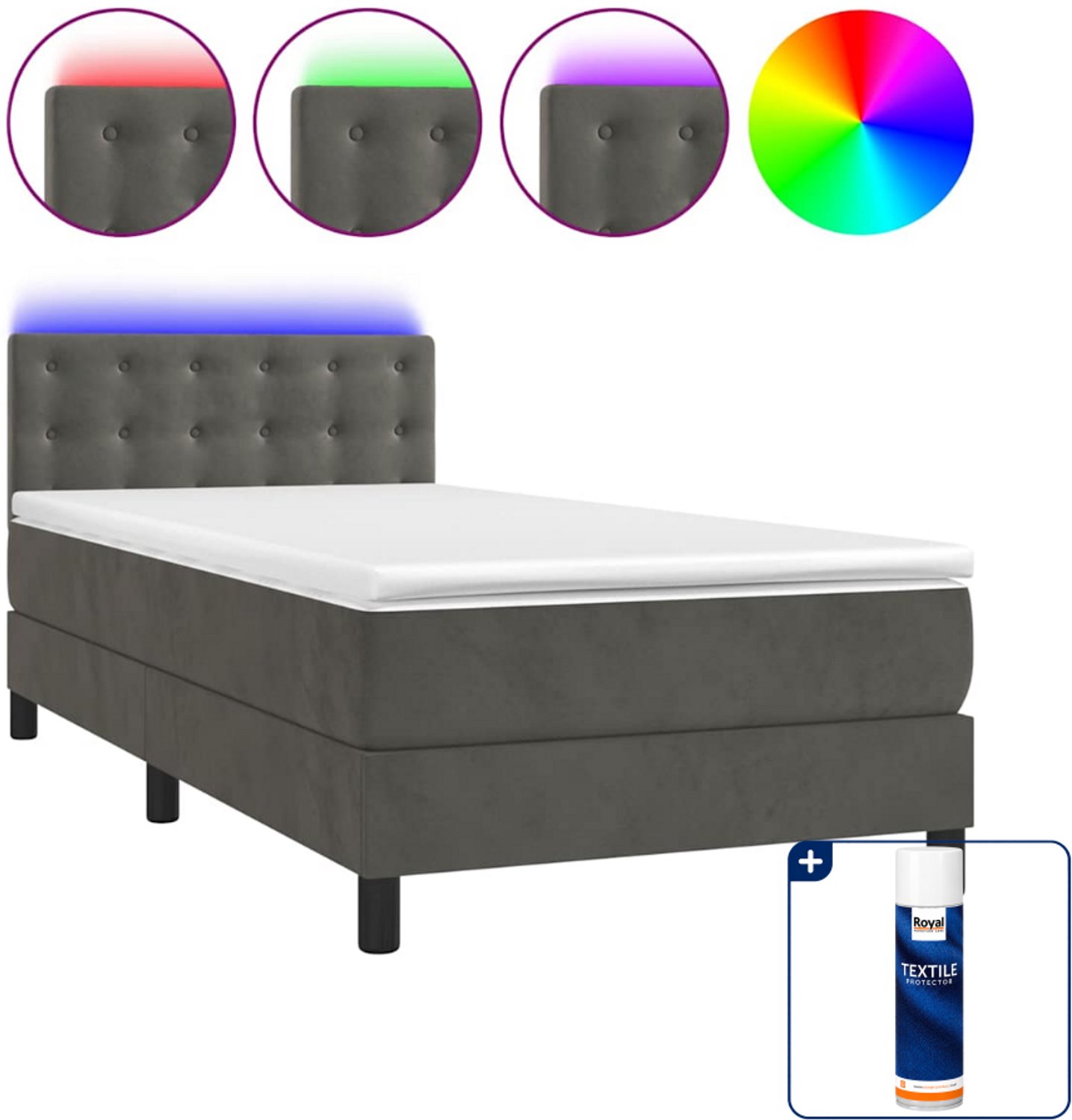 vidaXL boxspring met matras en led - 80 x 200 cm - fluweel - donkergrijs - Inclusief textielbeschermer 500 ml