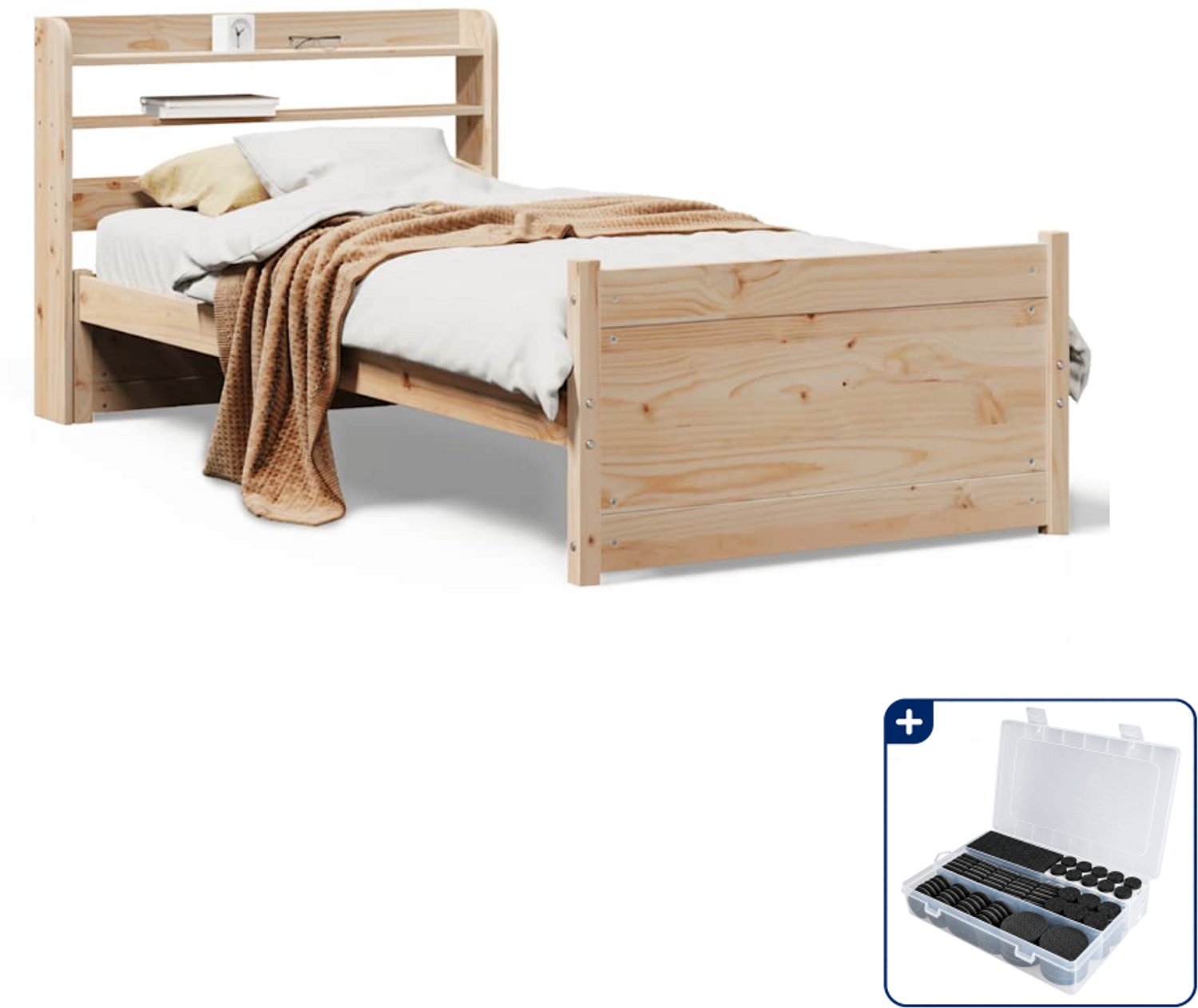 vidaXL bedframe met hoofdbord - 75 x 190 cm - massief grenenhout - Inclusief antikrasvilt 177-delig Bruin