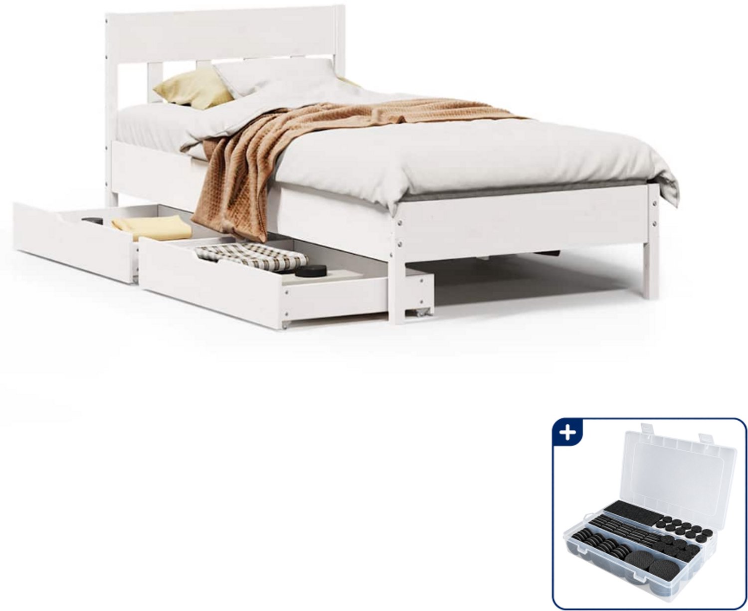 vidaXL bedframe met 2 lades - 90 x 200 cm - massief grenenhout - wit - Inclusief antikrasvilt 177-delig