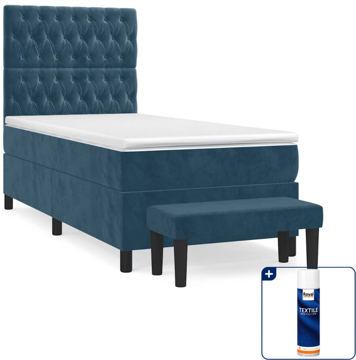 vidaXL boxspring met matras en bankje - 90 x 200 cm - donkerblauw - Inclusief textielbeschermer 500 ml