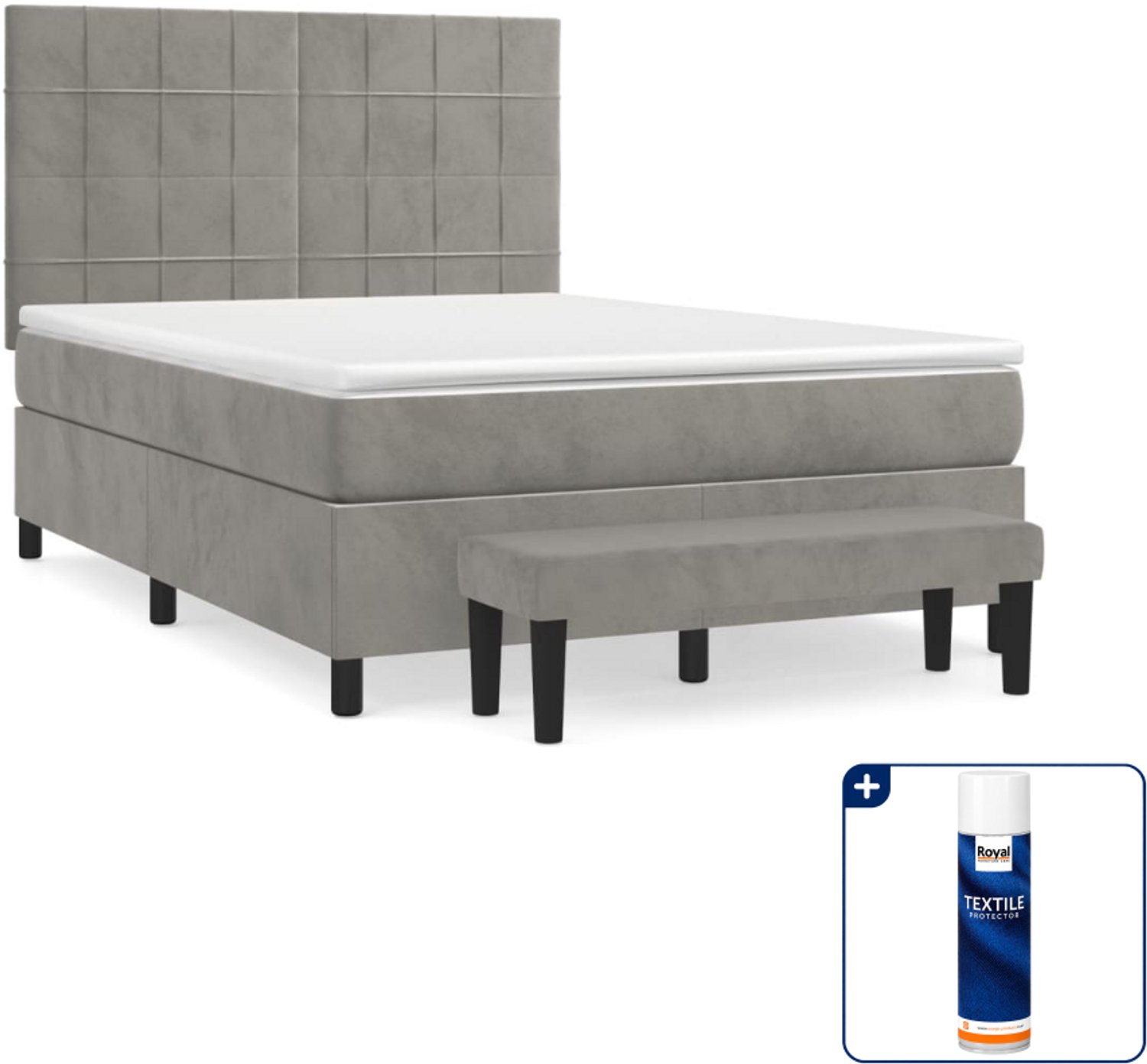 vidaXL boxspring met matras en bankje - 140 x 190 cm - lichtgrijs - Inclusief textielbeschermer 500 ml