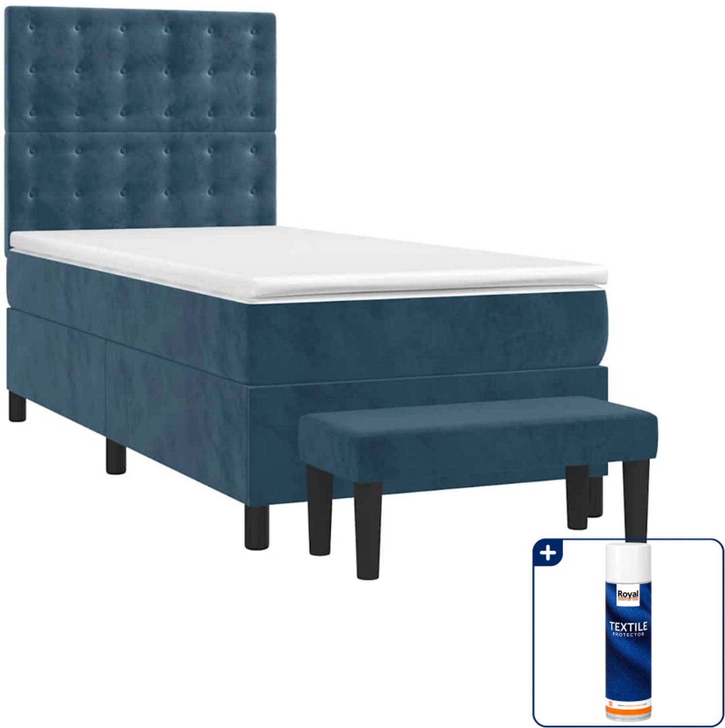 vidaXL boxspring met matras en bankje - 90 x 200 cm - donkerblauw - Inclusief textielbeschermer 500 ml