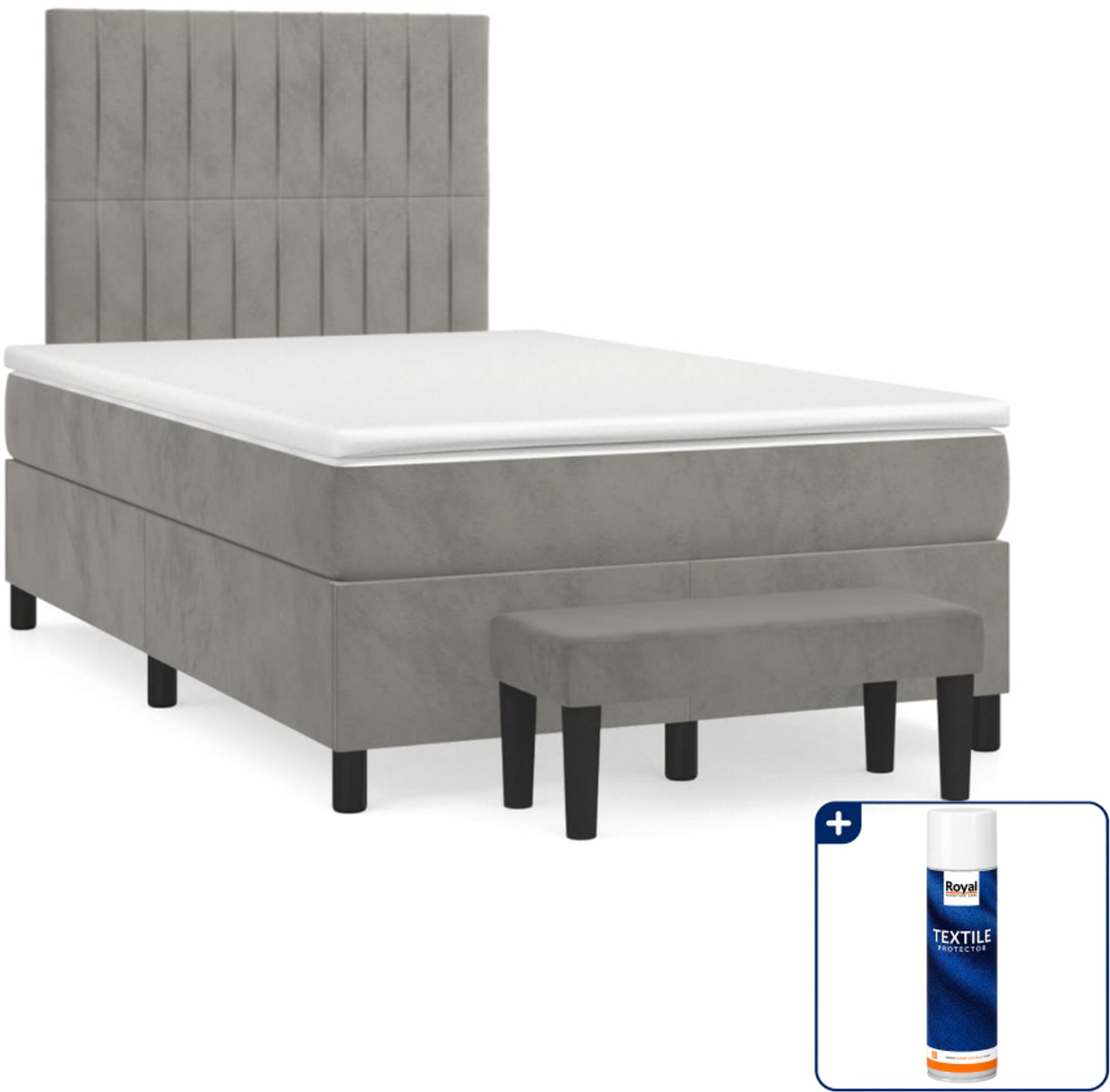 vidaXL boxspring met matras en bankje - 120 x 200 cm - fluweel - lichtgrijs - Inclusief textielbeschermer 500 ml