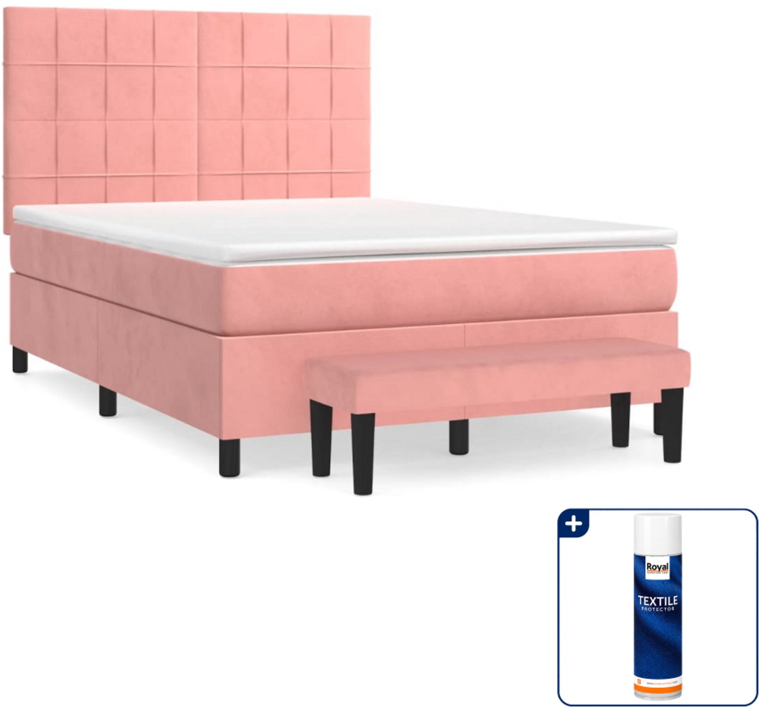 vidaXL boxspring met matras en bankje - 140 x 190 cm - roze - Inclusief textielbeschermer 500 ml