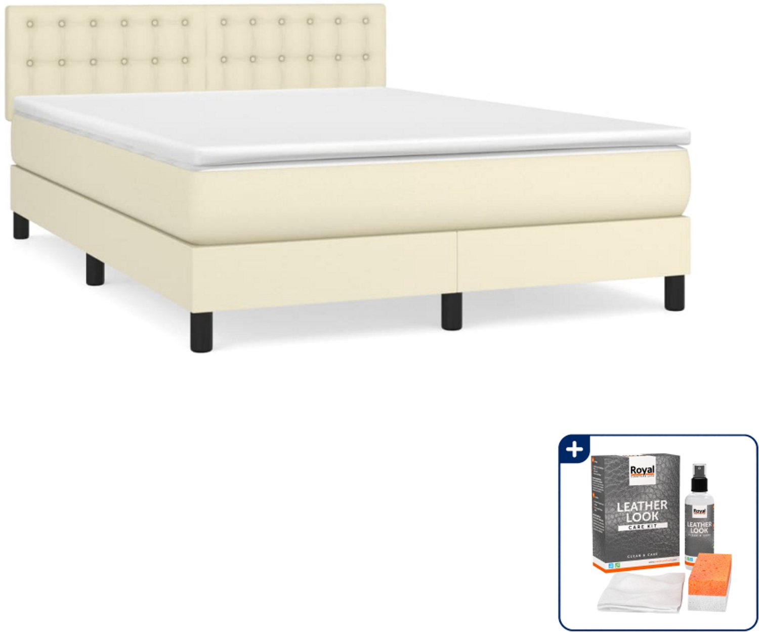 vidaXL boxspring met matras 140 x 190 cm - kunstleer - crème - Inclusief onderhoudsset voor kunstleer 150 ml