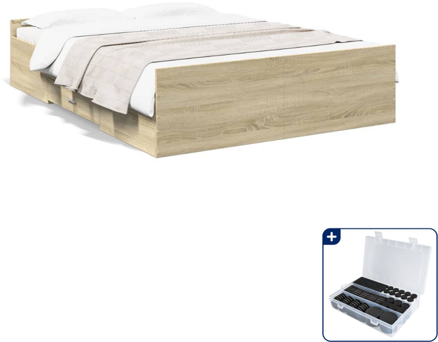 vidaXL bedframe met lades - 120 x 190 cm - bewerkt hout - sonoma eiken - Inclusief antikrasvilt 177-delig Bruin