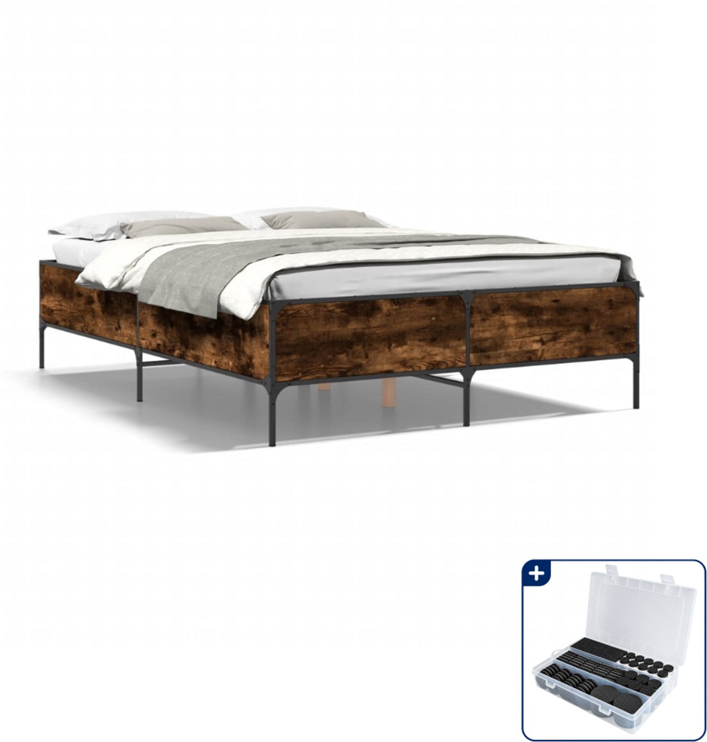 vidaXL bedframe - Small double - 140 x 200 cm - gerookt eiken - Inclusief antikrasvilt 177-delig Bruin