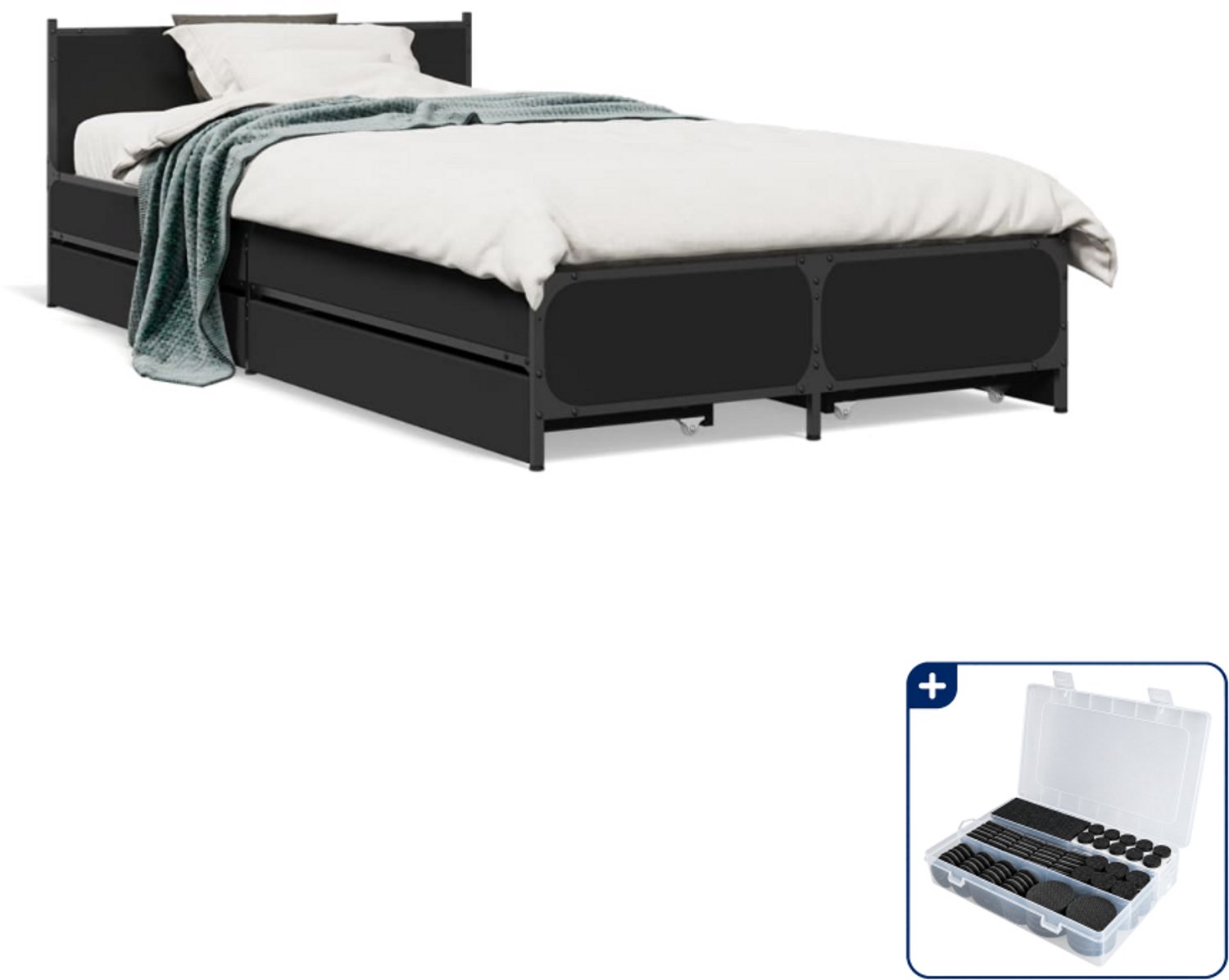 vidaXL Bedframe met lades - 75 x 190 cm - bewerkt hout - zwart - Inclusief antikrasvilt 177-delig Grijs
