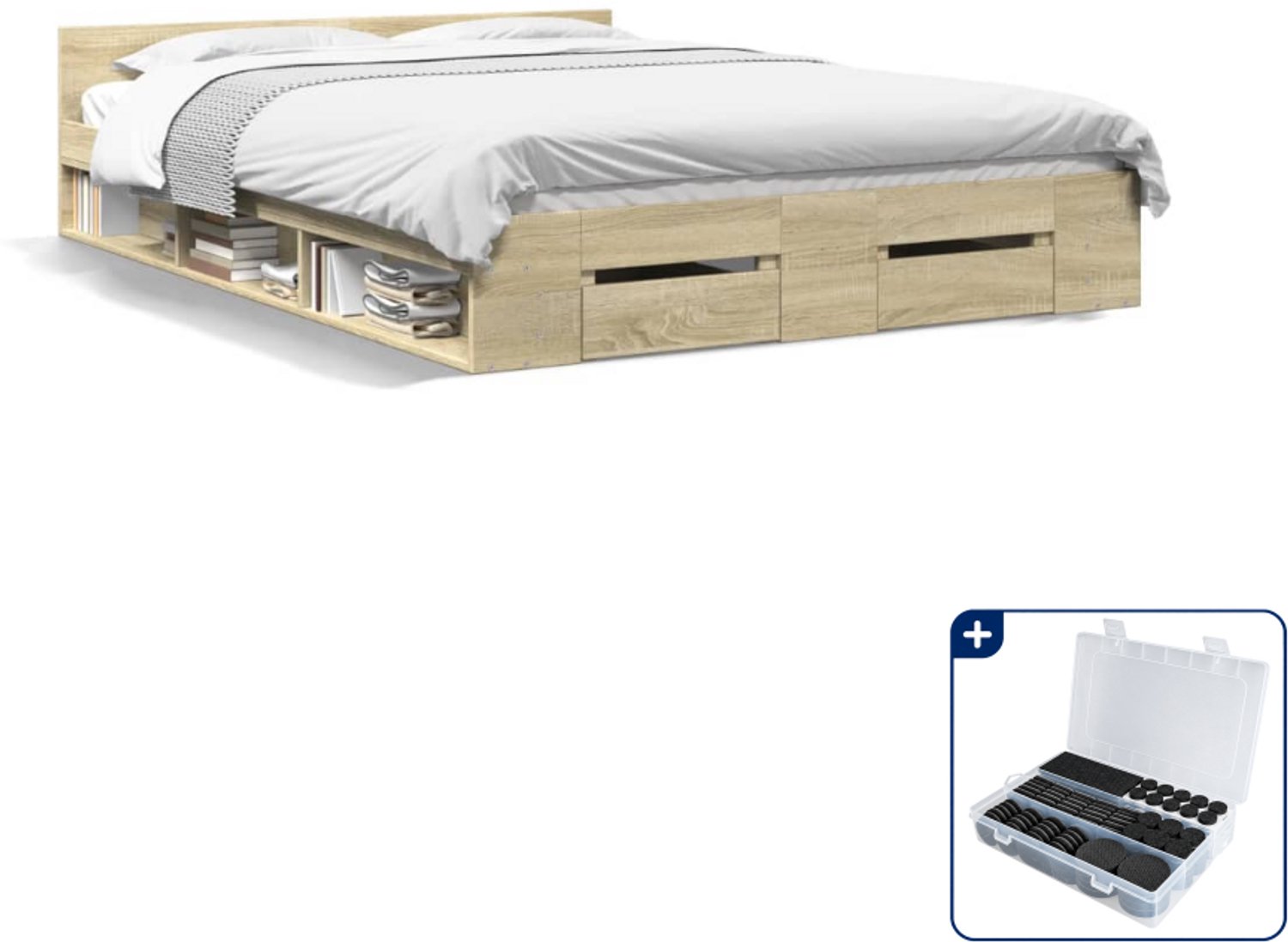 vidaXL bedframe met lades - 140 x 190 cm - bewerkt hout - sonoma eiken - Inclusief antikrasvilt 177-delig