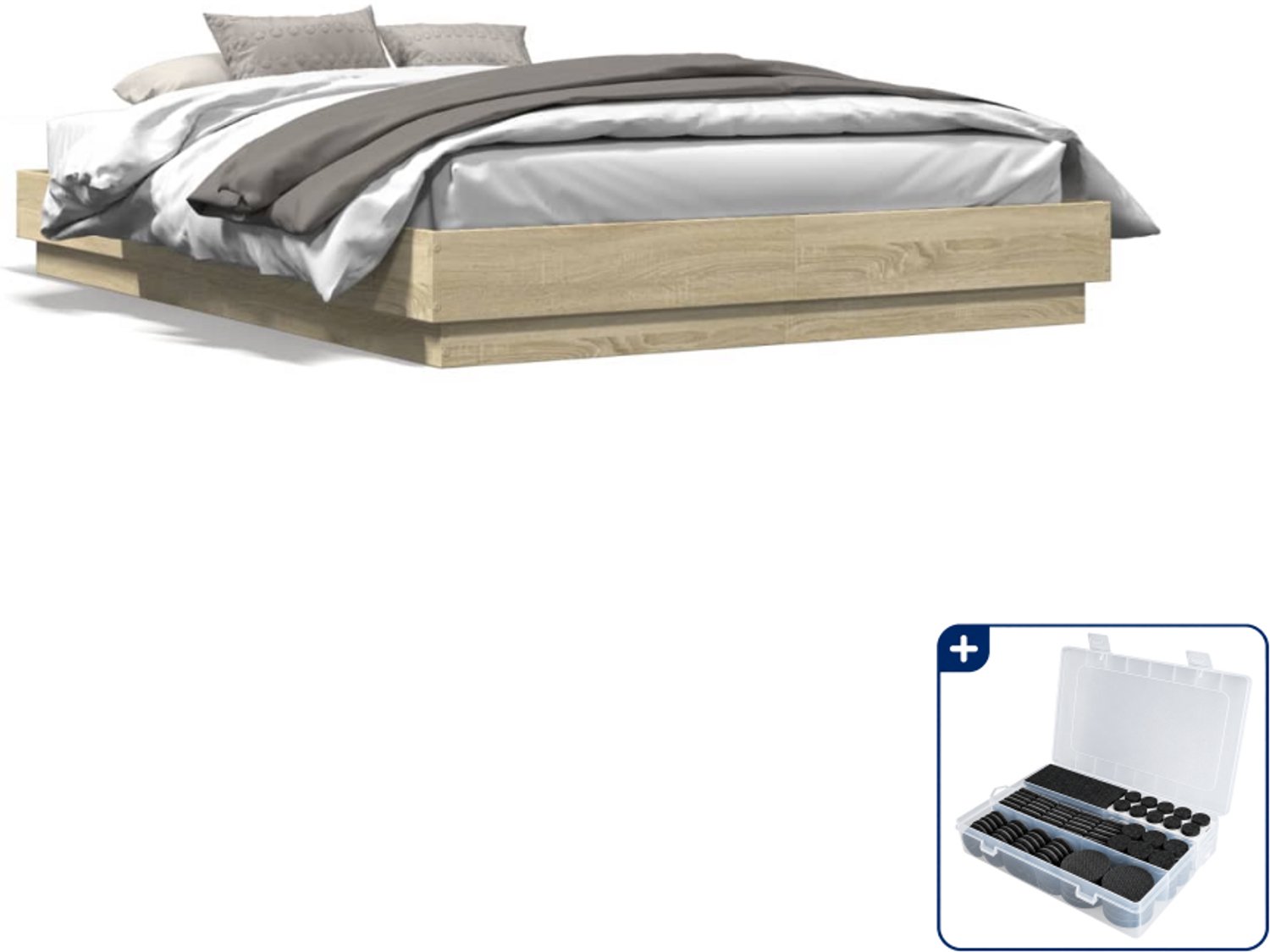 vidaXL bedframe - 150 x 200 cm - bewerkt hout - sonoma eiken - Inclusief antikrasvilt 177-delig Zwart