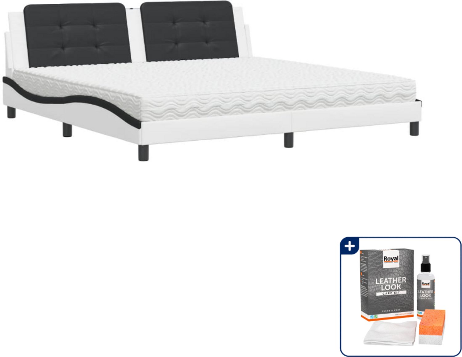 vidaXL Bed met matras Zadar 200 x 200 cm - kunstleer - wit en zwart - Inclusief onderhoudsset voor kunstleer 150 ml