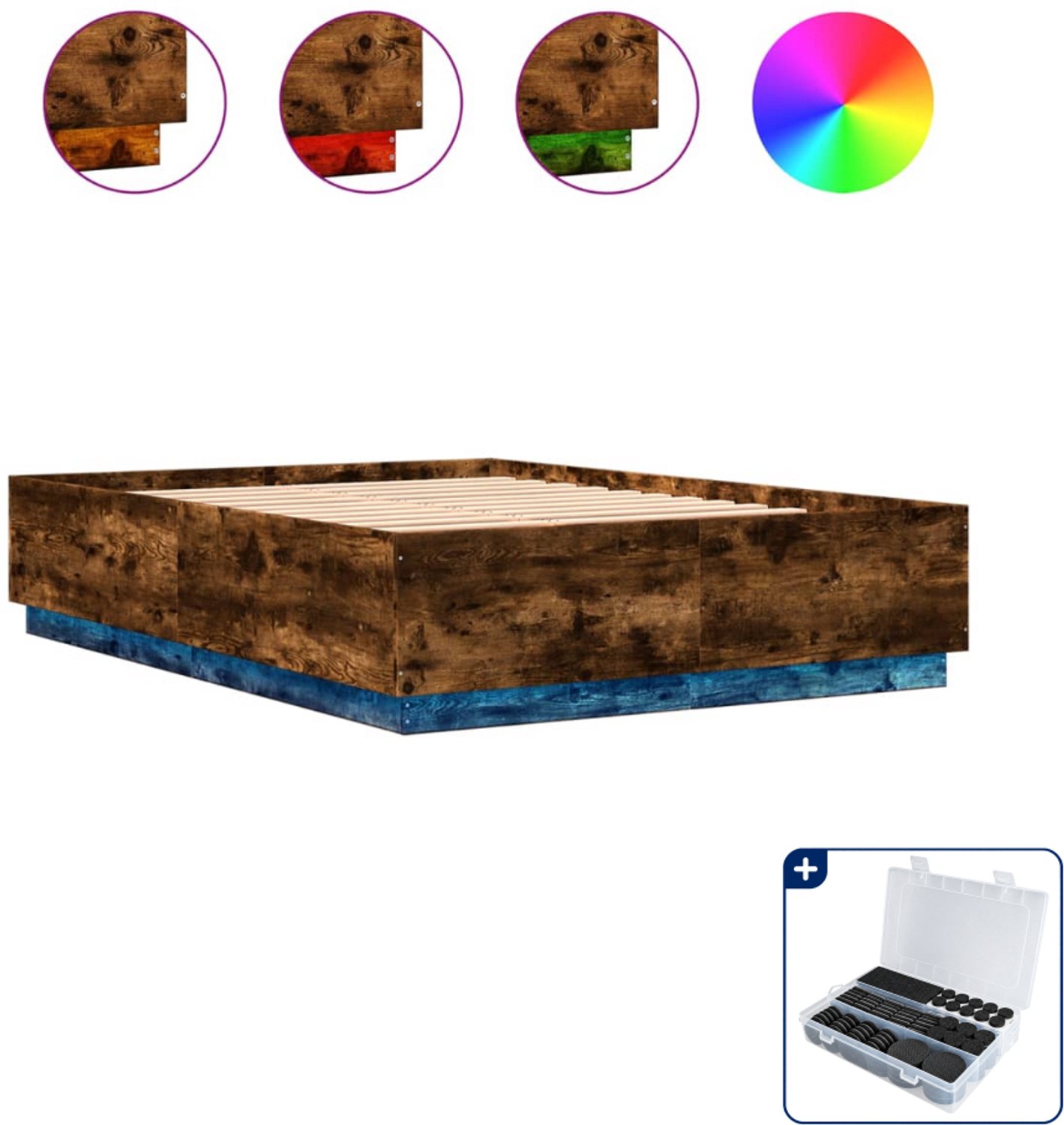vidaXL bedframe met led 120 x 200 cm - bewerkt hout - gerookt eiken - Inclusief antikrasvilt 177-delig Taupe
