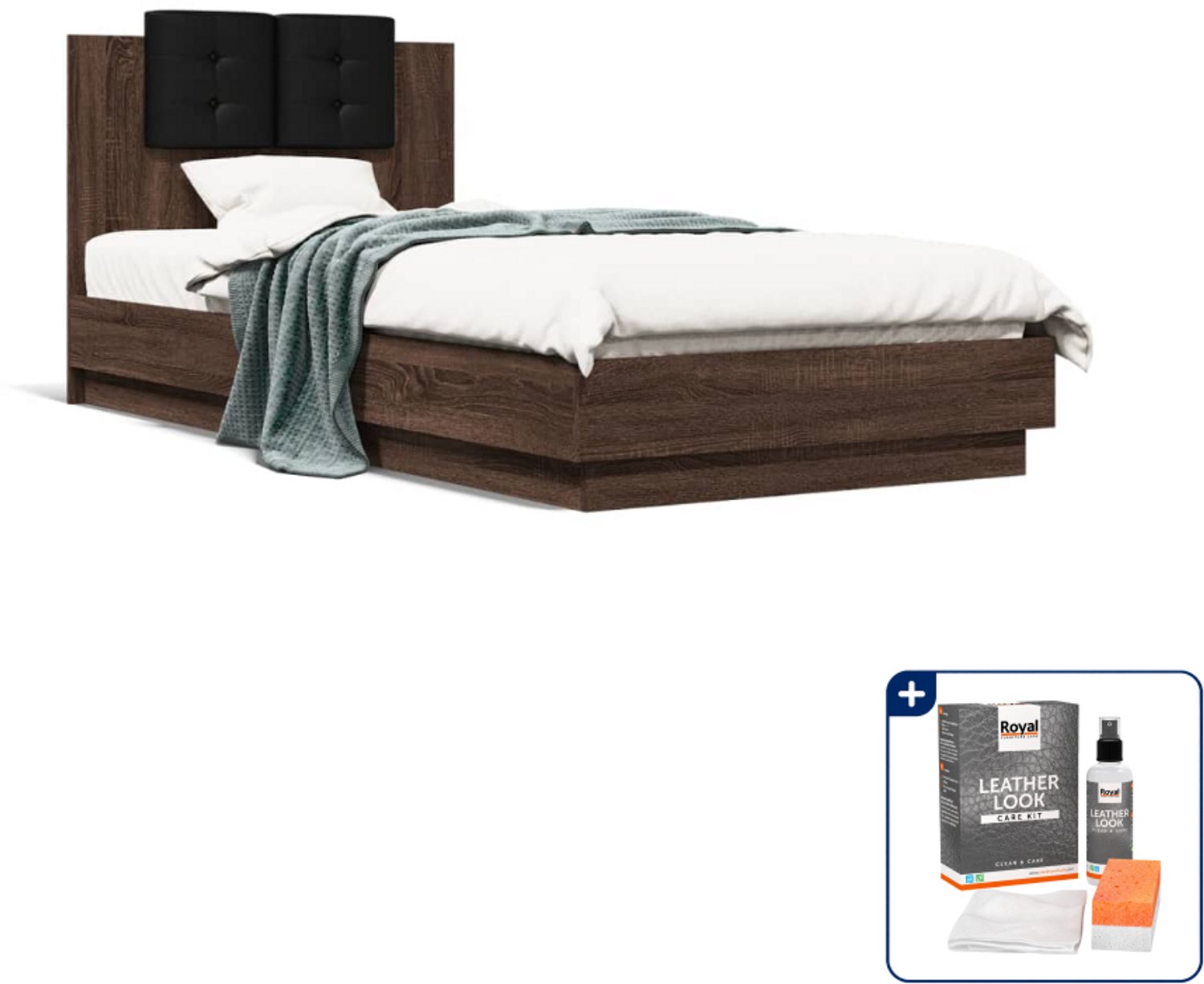 vidaXL bedframe - 100 x 200 cm - bewerkt hout - bruineikenkleur - Inclusief onderhoudsset voor kunstleer 150 ml Zwart