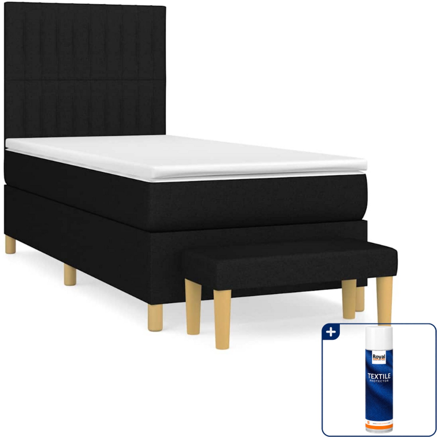 vidaXL Boxspring met matras en bankje - 90 x 200 cm - zwart - Inclusief textielbeschermer 500 ml