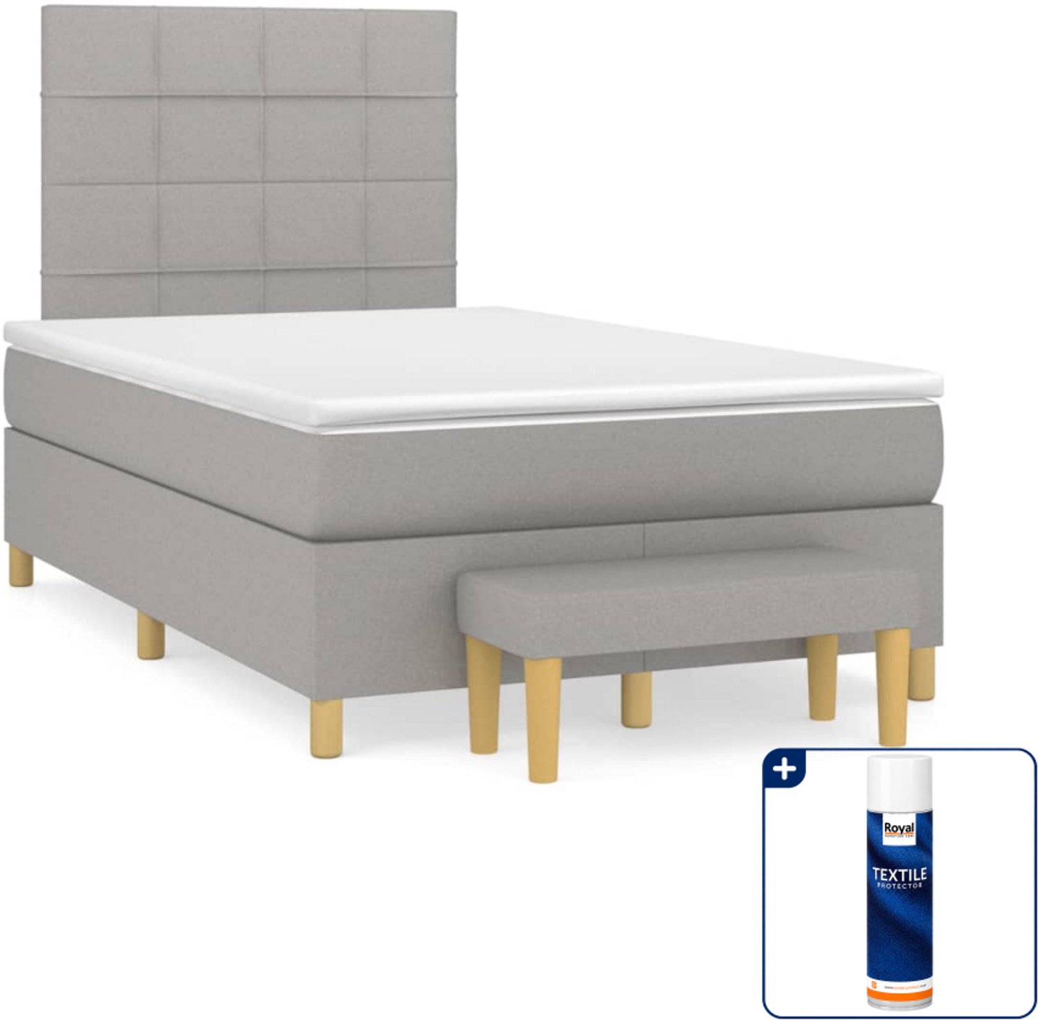 vidaXL boxspring met matras en bankje - 120 x 200 cm - lichtgrijs - Inclusief textielbeschermer 500 ml