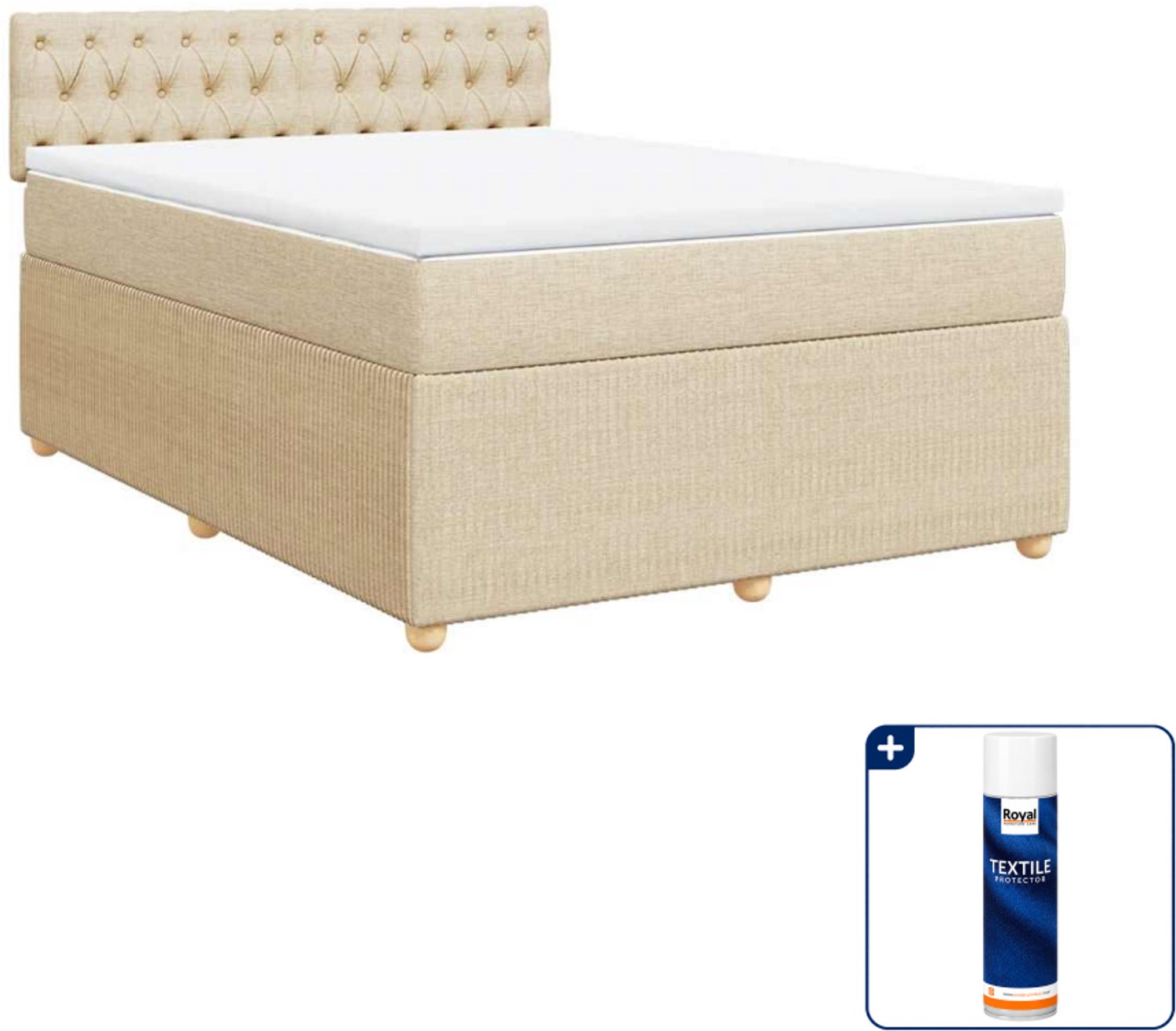 vidaXL boxspring met matras 140 x 190 cm - stof - crèmekleurig - Inclusief textielbeschermer 500 ml