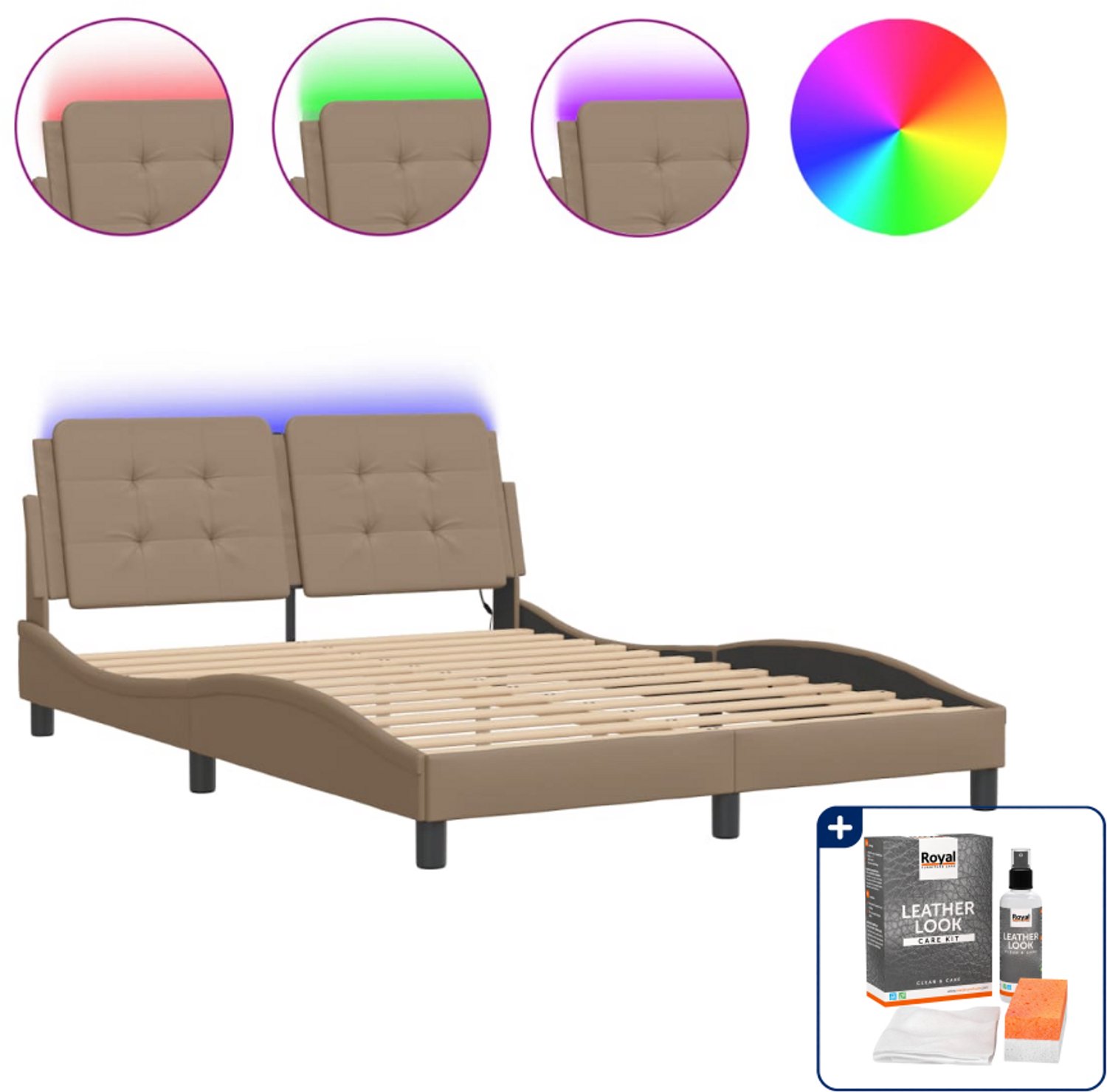 vidaXL Zadar bedframe met LED - 140 x 190 cm - cappuccino - Inclusief onderhoudsset voor kunstleer 150 ml Bruin
