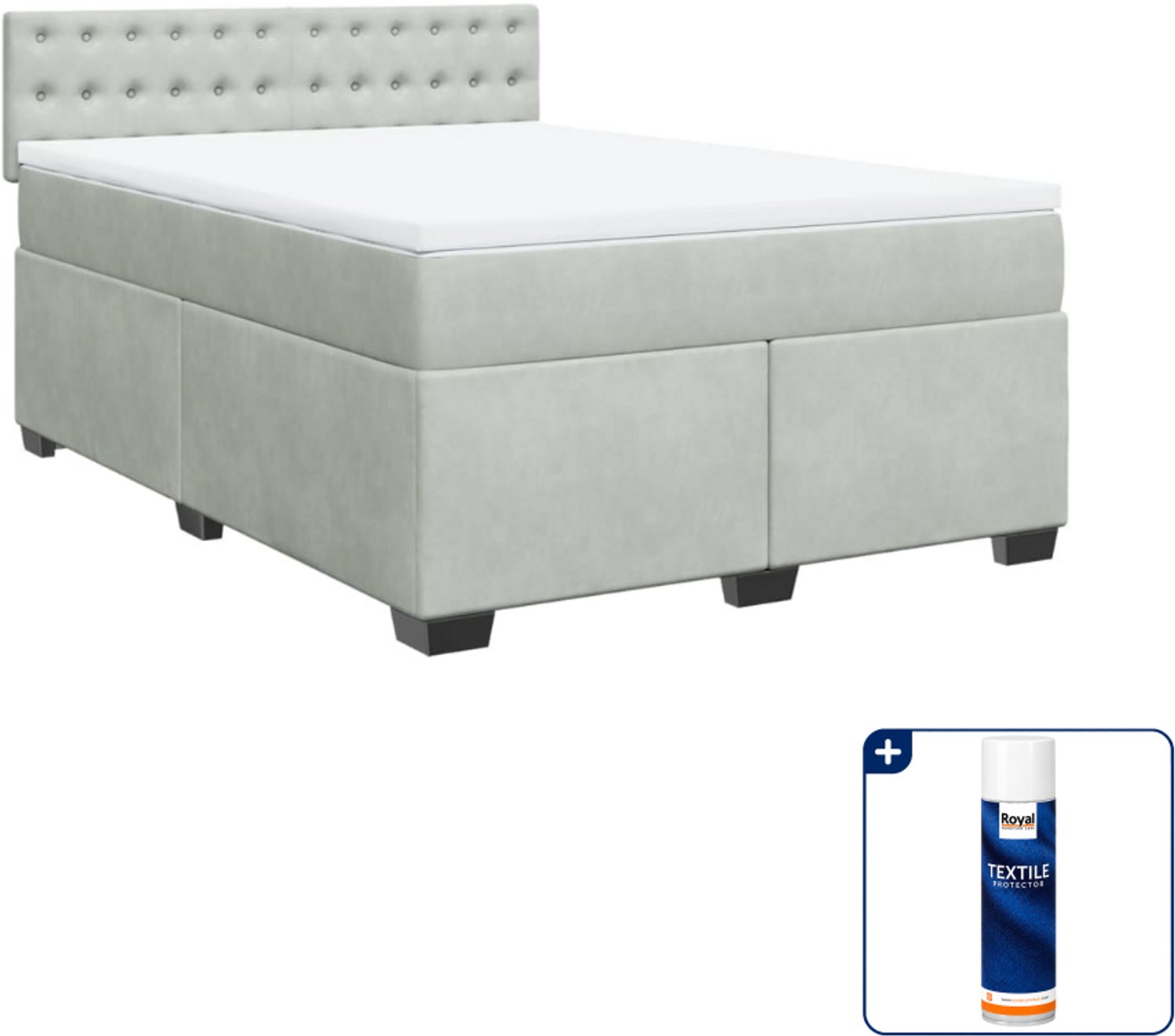 vidaXL boxspring met matras - 140 x 190 cm - fluweel - lichtgrijs - Inclusief textielbeschermer 500 ml