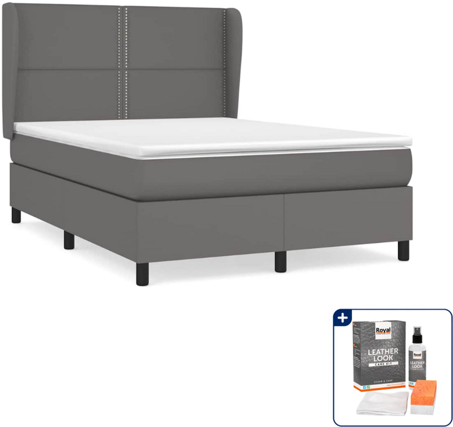vidaXL Boxspring - Small double - 140 x 200 cm - grijs - Inclusief onderhoudsset voor kunstleer 150 ml