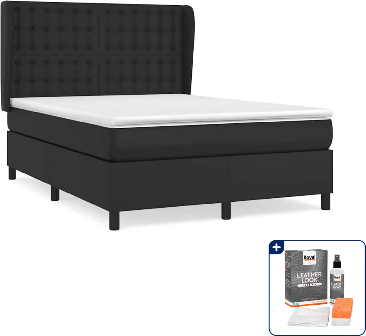 vidaXL boxspring met matras - 140 x 190 cm - kunstleer - zwart - Inclusief onderhoudsset voor kunstleer 150 ml