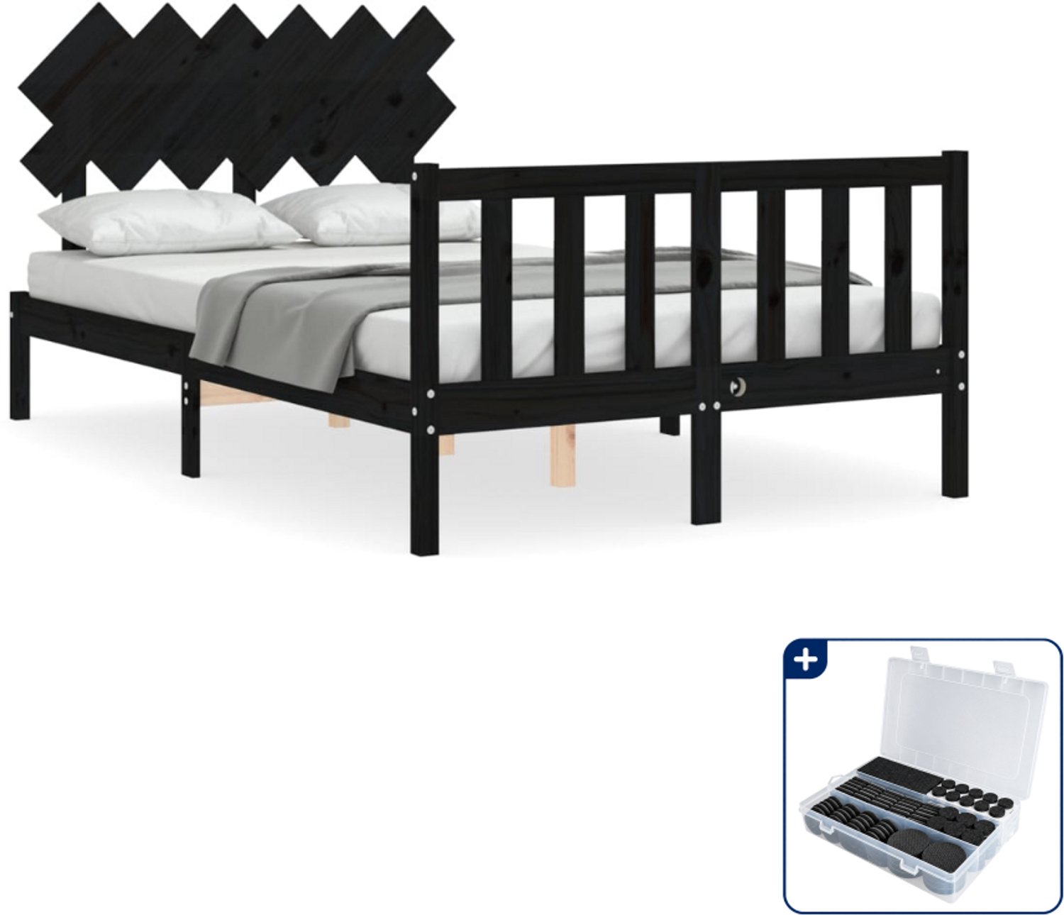 vidaXL bedframe met hoofdbord - 135 x 190 cm - massief grenenhout - zwart - Inclusief antikrasvilt 177-delig