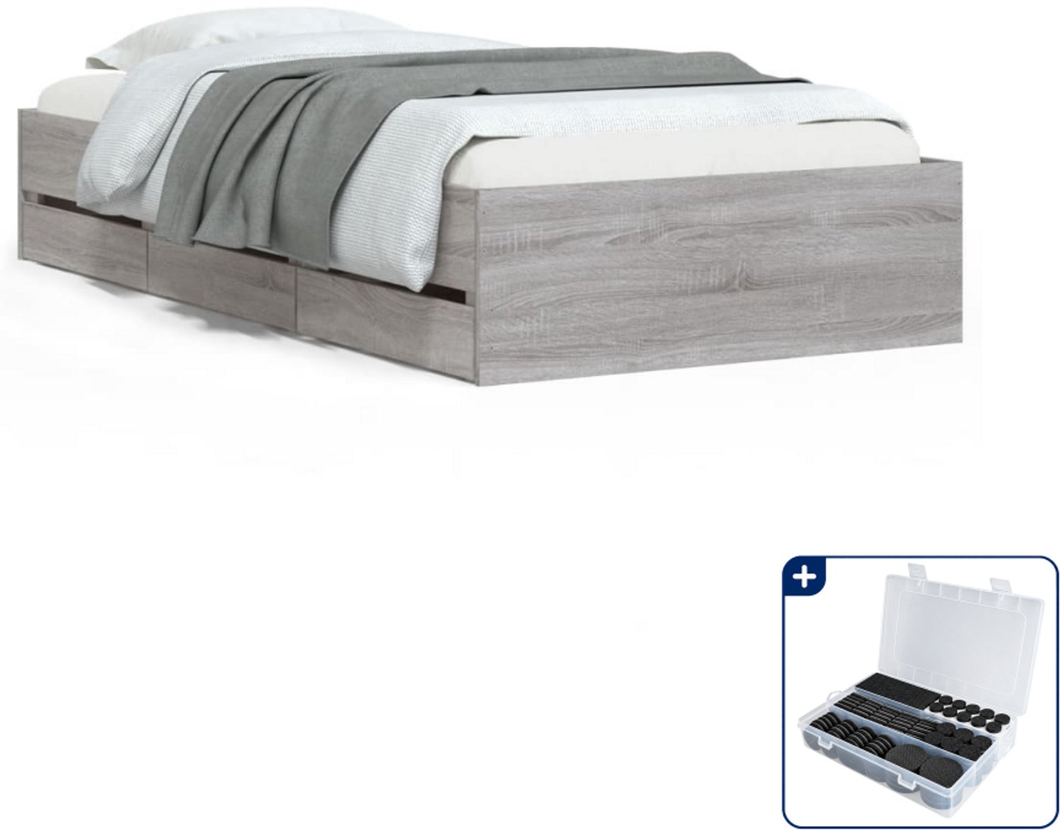 vidaXL bedframe met lades - 75 x 190 cm - bewerkt hout - grijs sonoma - Inclusief antikrasvilt 177-delig