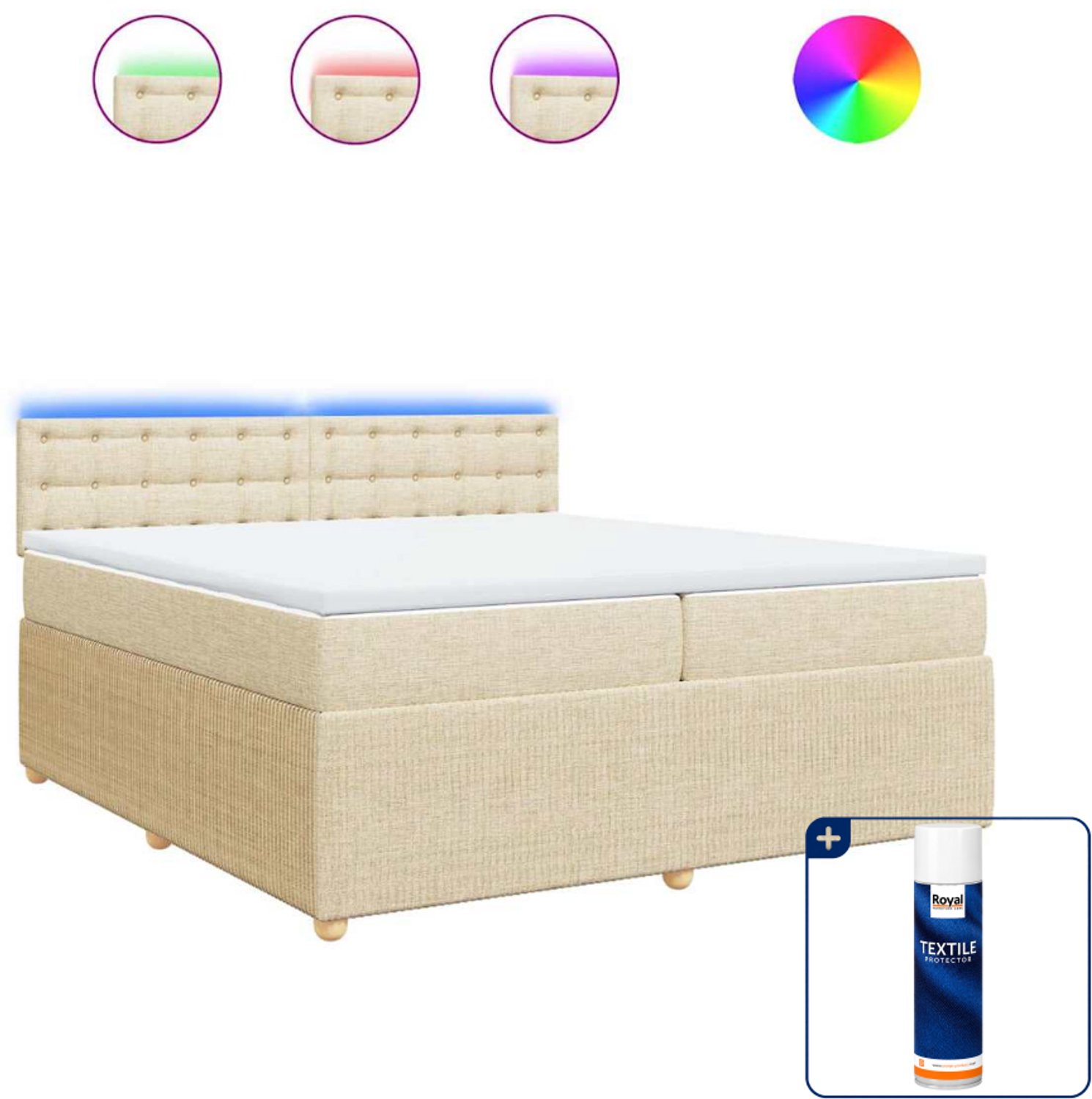 vidaXL boxspring - Super kingsize - 200 x 200 cm - stof - crème - Inclusief textielbeschermer 500 ml