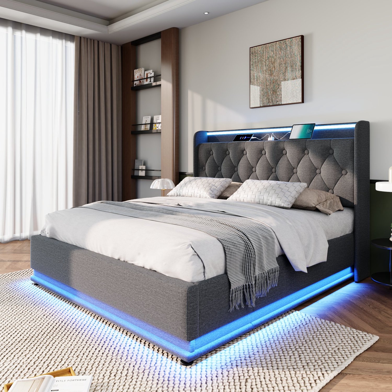 MUVANO Gestoffeerd bed 140x200 met matras - Tweepersoons opbergbed - Led en USB-C - Linnen en ijzer - Hydraulische bedbodem - Slaapkamer grijs