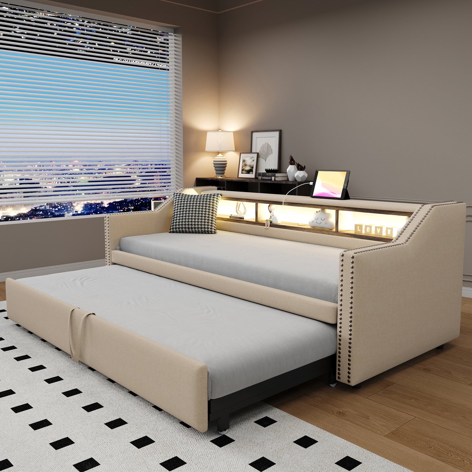 Zubaliya Dagbed - 90 x 190 / 180 x 190 cm - Beige - juteweefsel - LED-verlichting - USB-aansluiting - Uitschuifbaar
