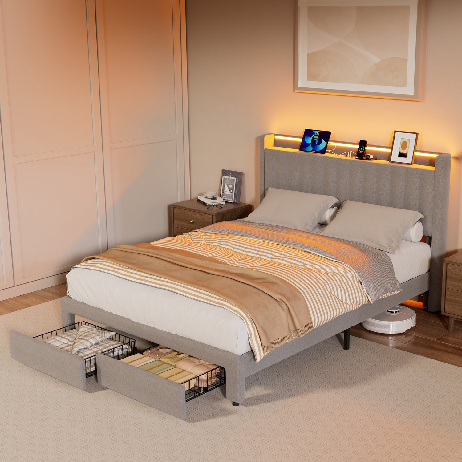 KUTAS Tweepersoonsbed 140x200 cm - 2 Persoons Bed met Lades - LED-verlichting - Met Hoofdbord en Lattenbodem - Geluidsarm & Antislip - Draagkracht 500 kg - USB-A & USB-C Oplaadpoorten - Grijs