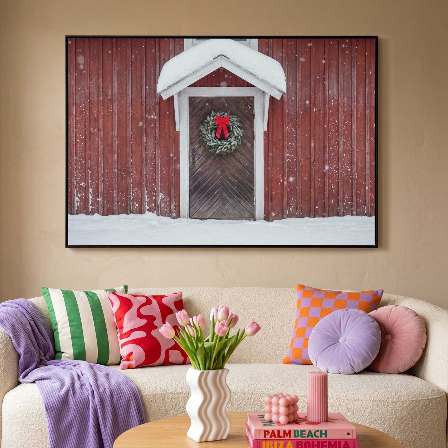 Canvas Schilderij met Baklijst XXL Canvas Schilderij met Baklijst 140x90cm - Deur - Kerstkrans - Winter - Muurdecoratie woonkamer - Slaapkamer decoratie - Kamer accessoires - Schilderijen op canvas met lijst groot – foto 4
