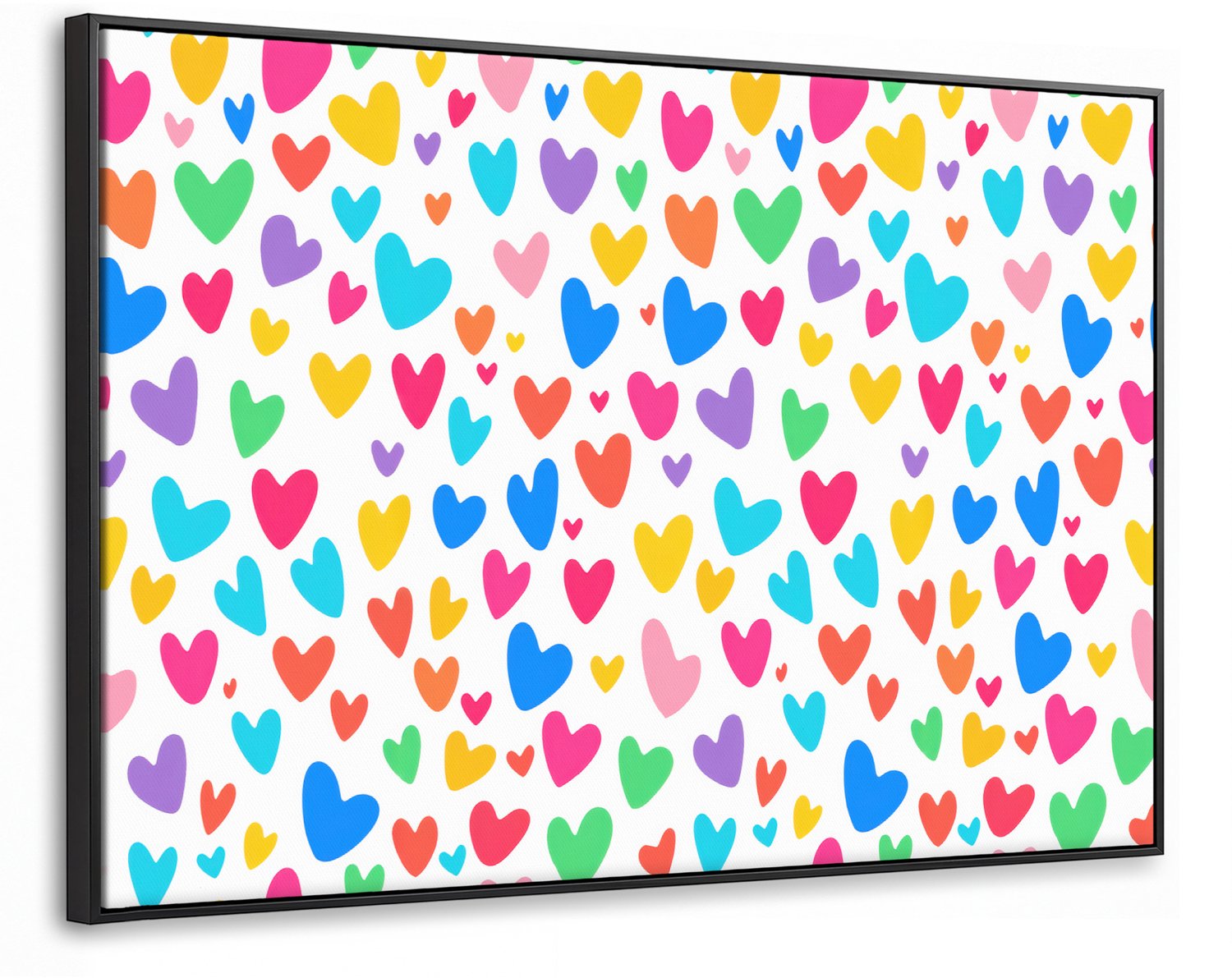 Canvas Schilderij met Baklijst 90x60cm - Hartjes - Kleurrijk - Patroon - Levendig - Muurdecoratie woonkamer - Slaapkamer decoratie - Kamer accessoires - Schilderijen op canvas met lijst